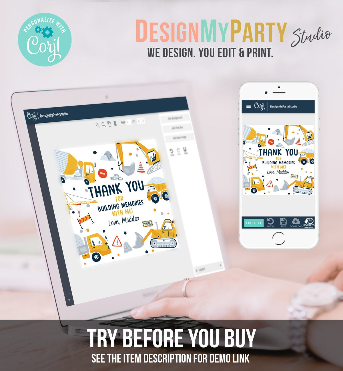 Editable Construction Thank You Tags Construction Birthday Favors Sticker Boy Dump Truck Digger Party Digital Template Printable 0458
