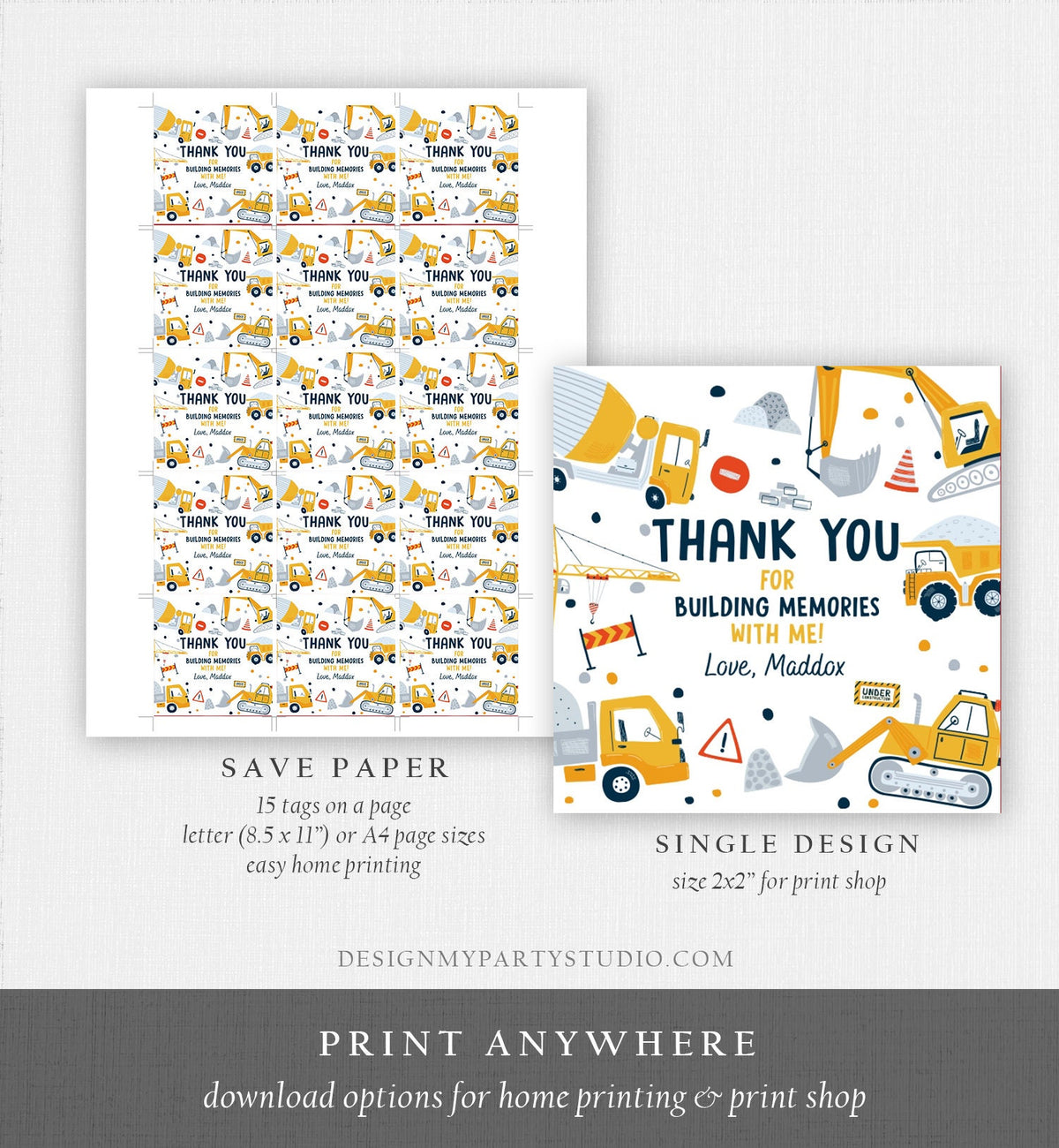 Editable Construction Thank You Tags Construction Birthday Favors Sticker Boy Dump Truck Digger Party Digital Template Printable 0458