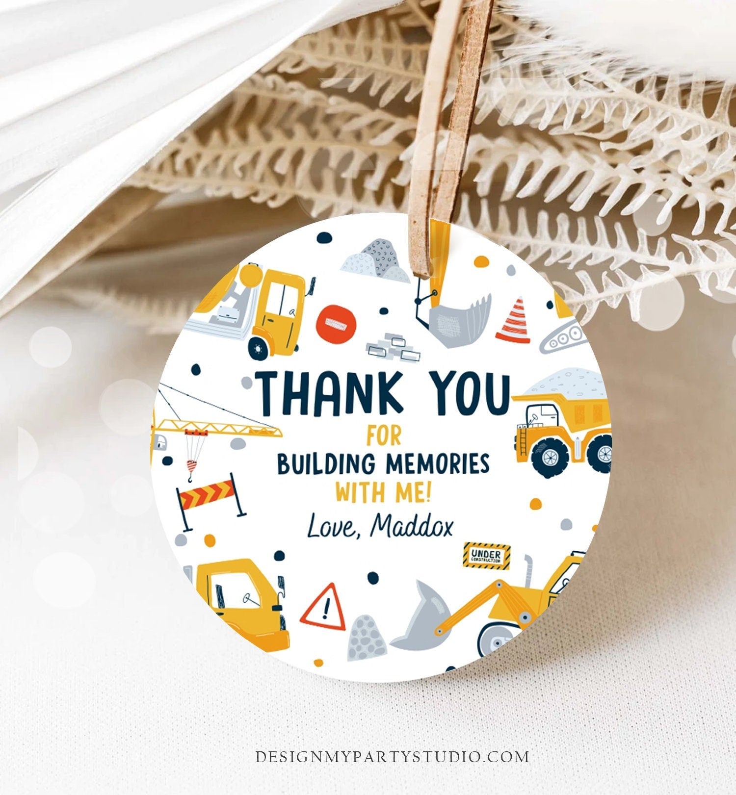 Editable Construction Thank You Tags Construction Birthday Favors Sticker Boy Dump Truck Digger Party Digital Template Printable 0458