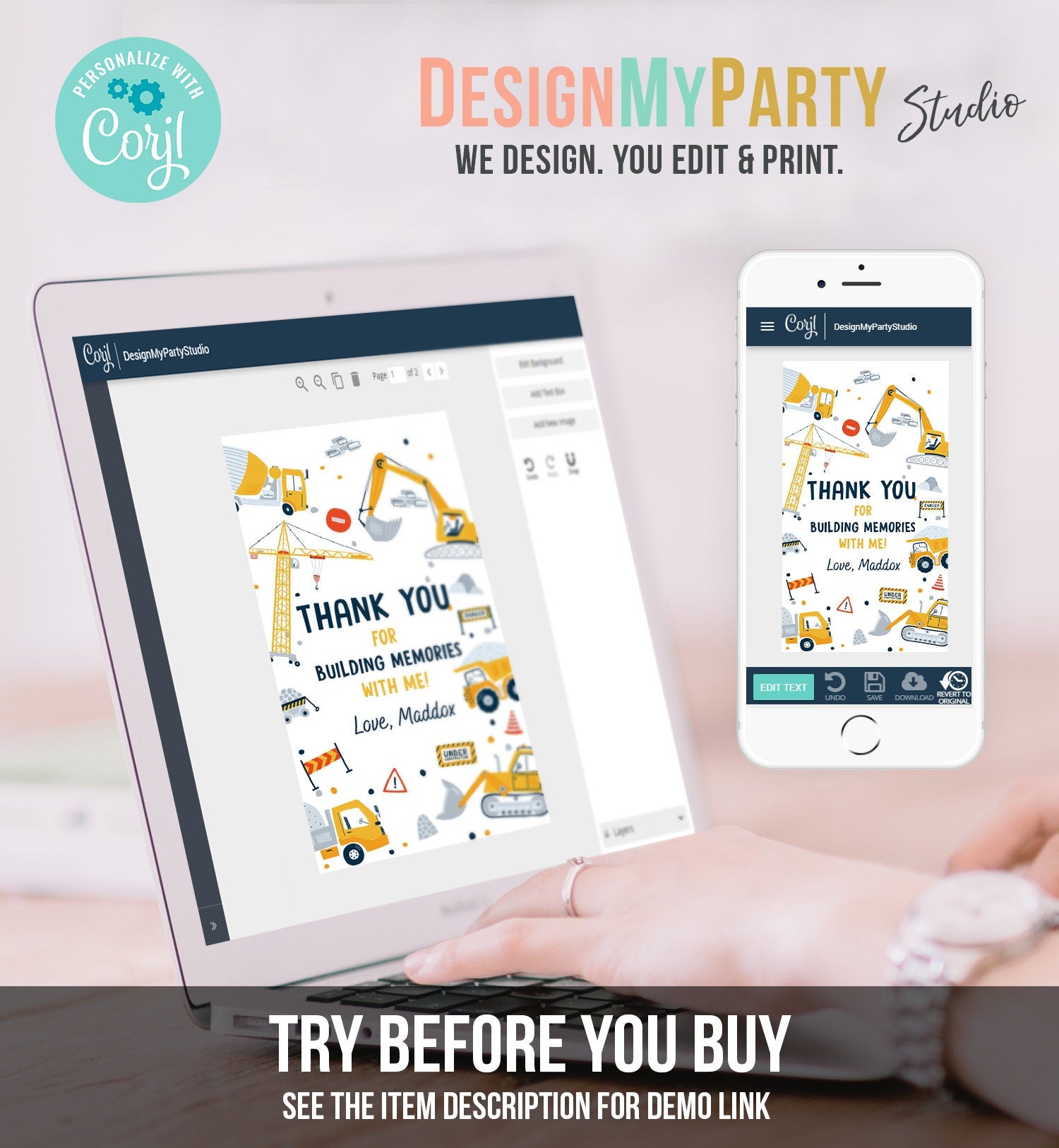 Editable Construction Thank You Tags Construction Birthday Favor Tags Boy Dump Truck Digger Party Download Printable Corjl Template 0458