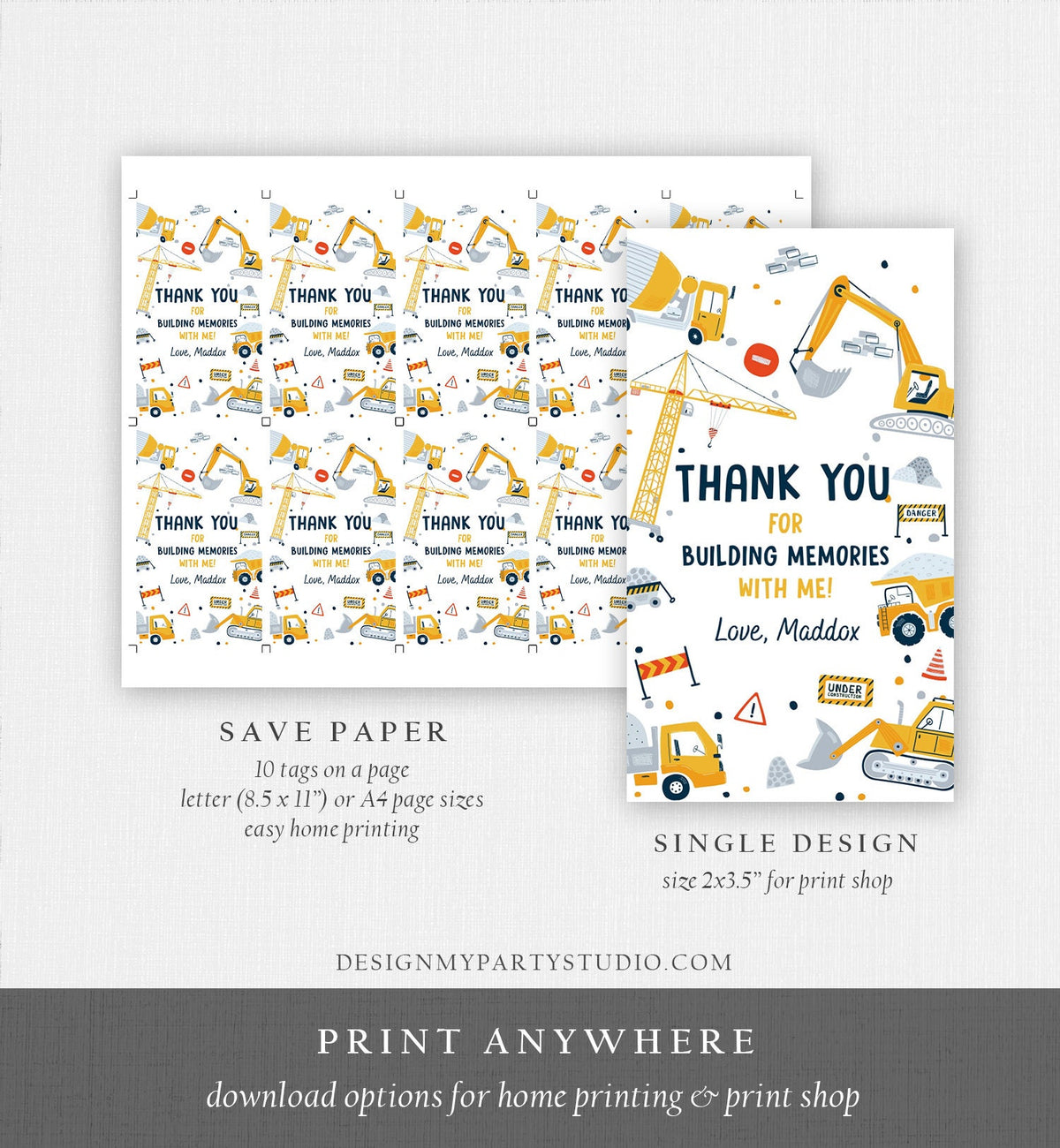 Editable Construction Thank You Tags Construction Birthday Favor Tags Boy Dump Truck Digger Party Download Printable Corjl Template 0458