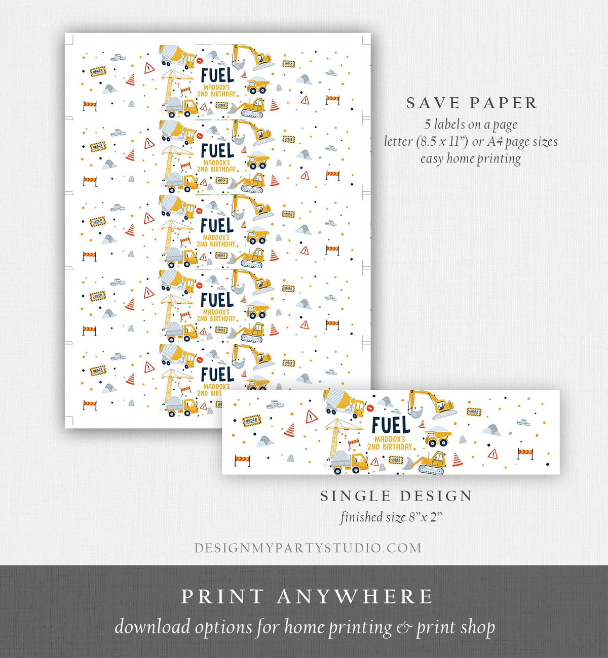 Editable Construction Water Bottle Labels Dump Truck Birthday Boy Digger Party Decor Fuel Bottle Wrapper Digital Template Printable 0458