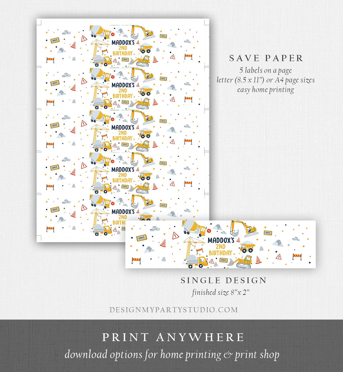 Editable Construction Water Bottle Labels Dump Truck Birthday Boy Digger Party Decor Fuel Bottle Wrapper Digital Printable Template 0458