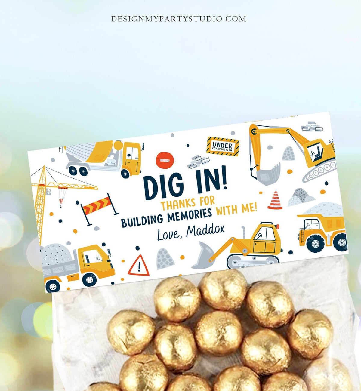 Editable Construction Party Treat Bag Topper Construction Birthday Favors Dump Truck Favor Bag Dig In Download Printable Corjl Template 0458