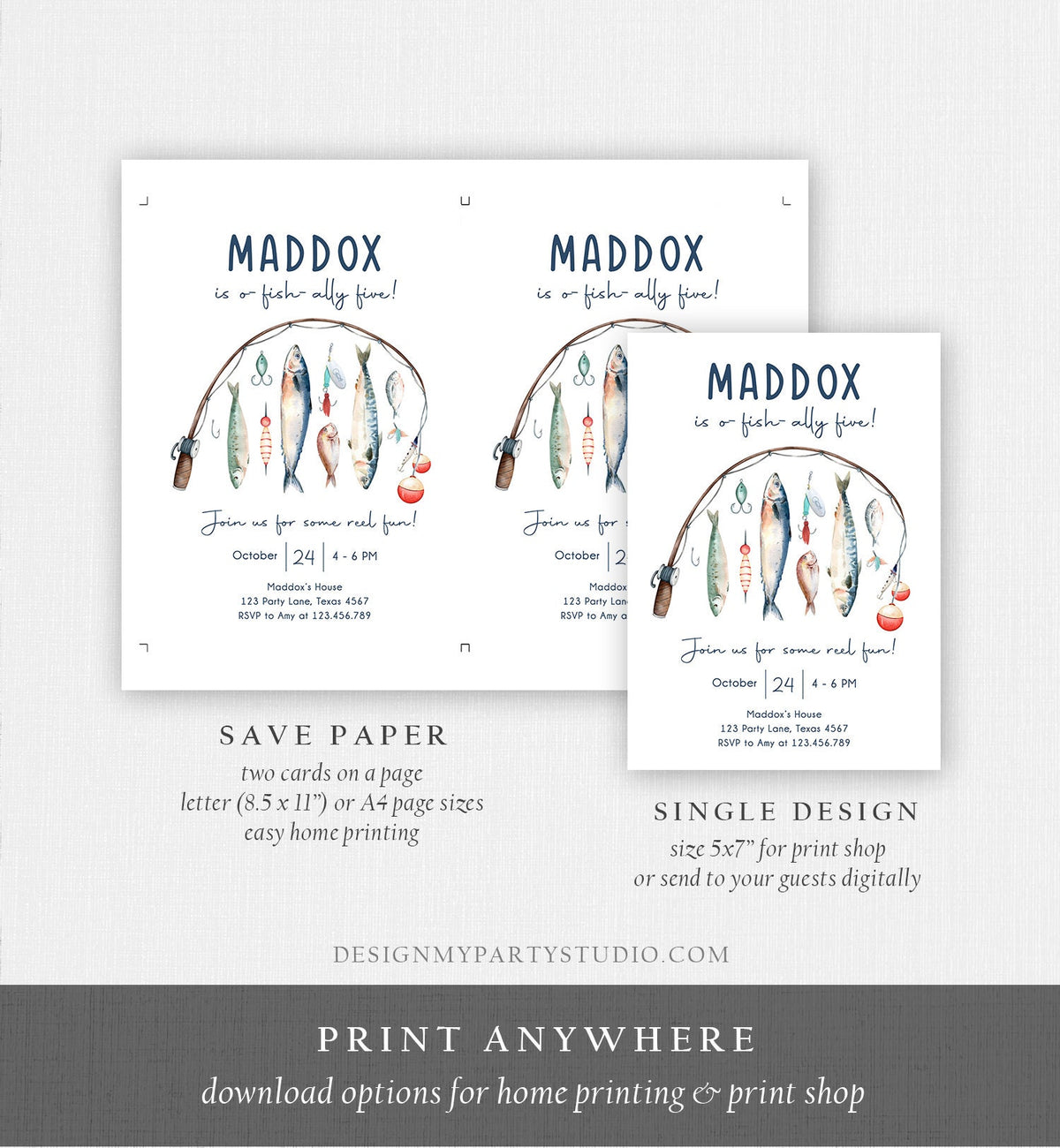 Editable Fishing Birthday Invitation Fishing Party O-Fish-Ally The Big One Gone Fishing Blue Boy Download Printable Template Corjl 0454