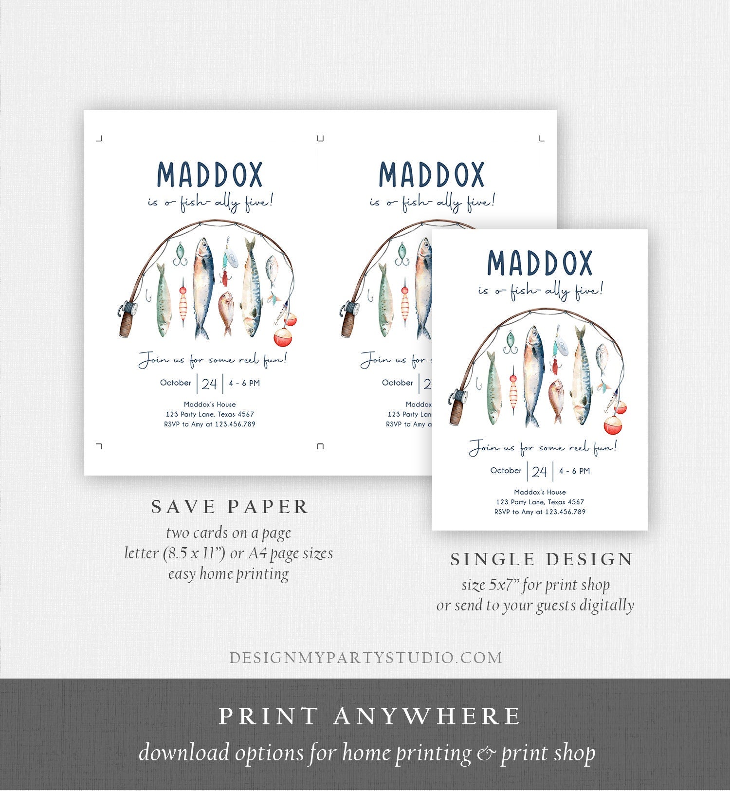 Editable Fishing Birthday Invitation Fishing Party O-Fish-Ally The Big One Gone Fishing Blue Boy Download Printable Template Corjl 0454