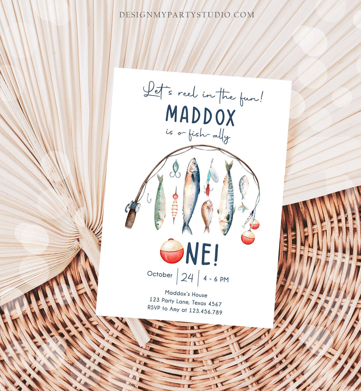 Editable Fishing Birthday Invitation Fishing Party O-Fish-Ally The Big One Gone Fishing Blue Boy Download Printable Template Corjl 0454