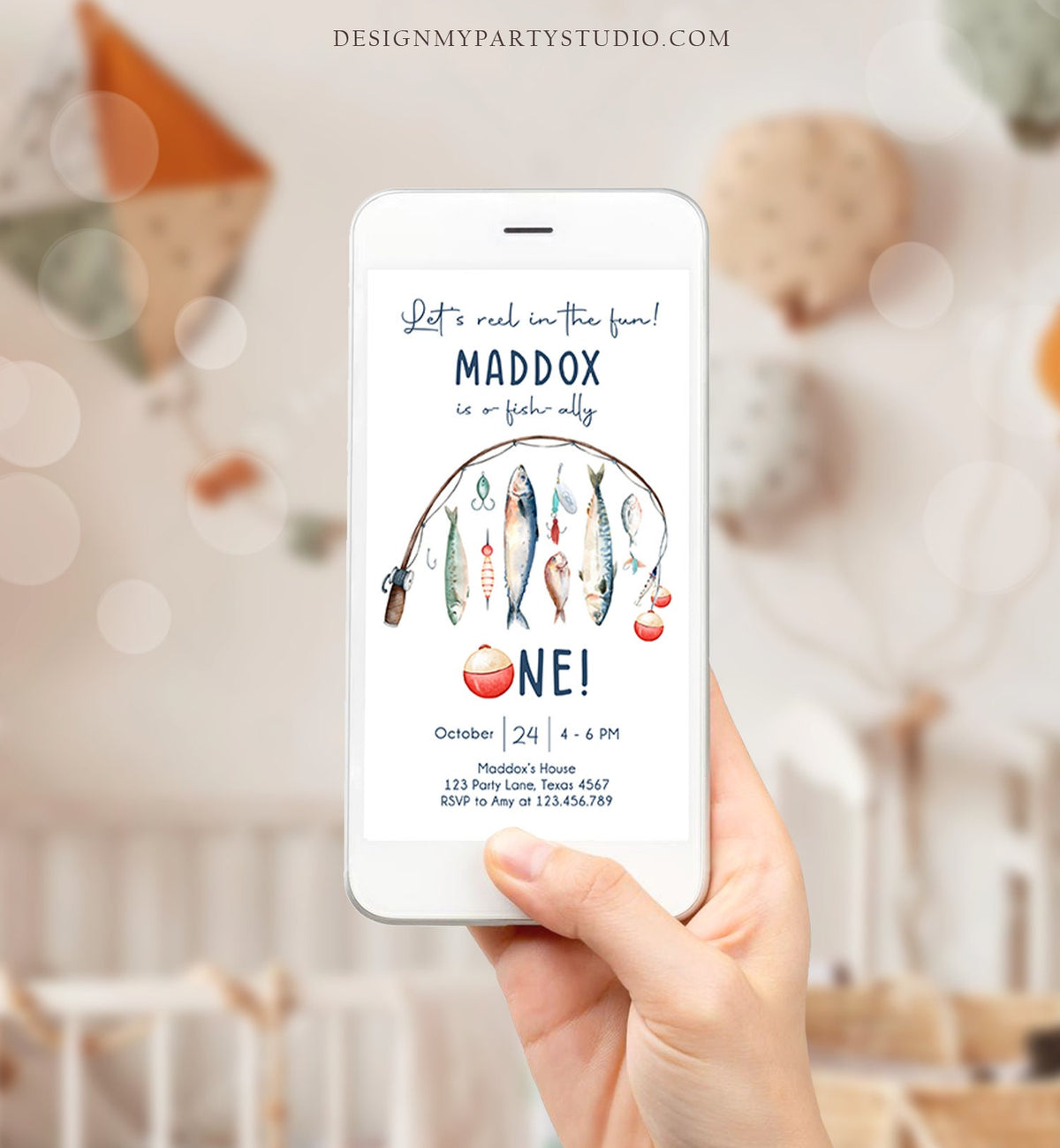 Editable Fishing Birthday Evite Fishing Party O-Fish-Ally The Big One Gone Fishing Blue Boy Download Electronic Phone Template Corjl 0454