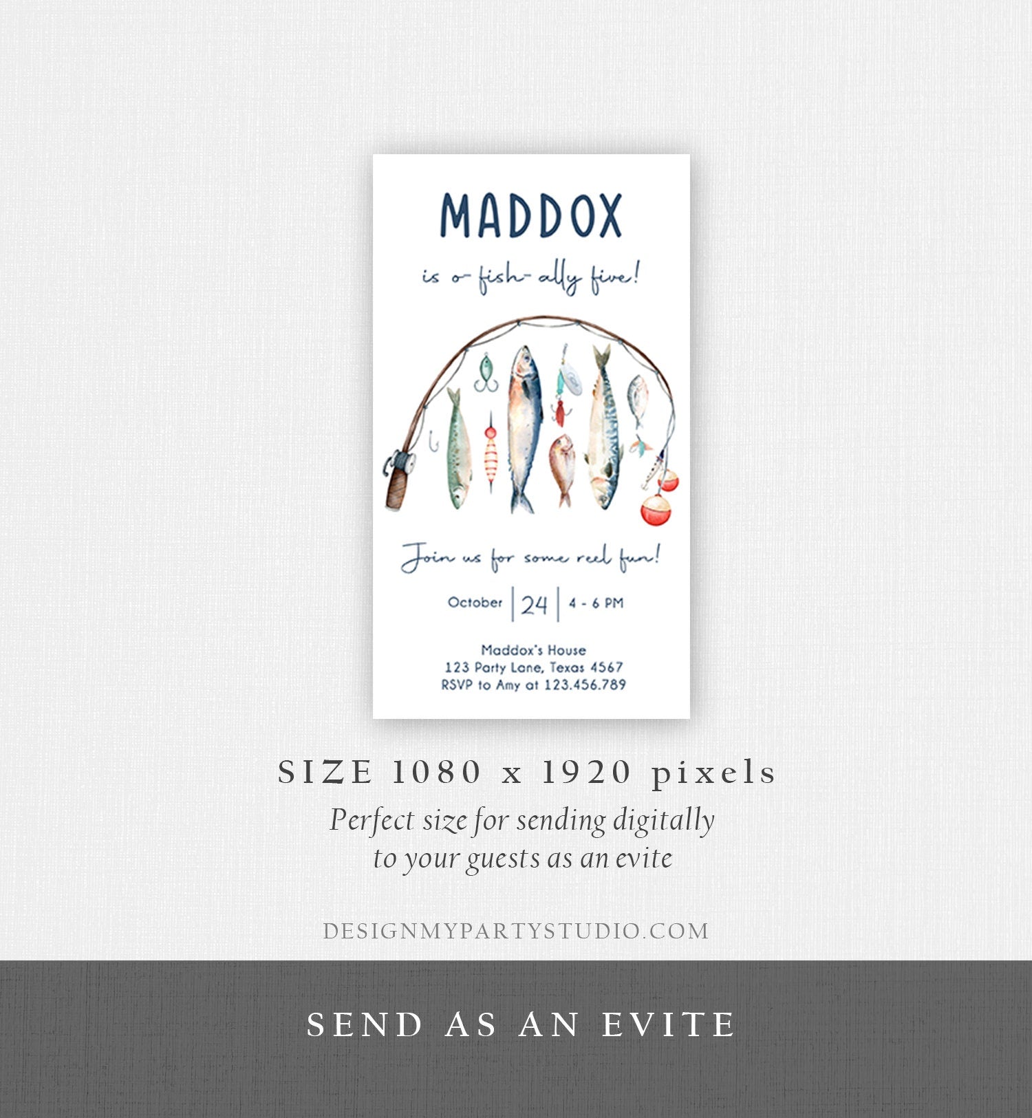 Editable Fishing Birthday Evite Fishing Party O-Fish-Ally The Big One Gone Fishing Blue Boy Download Electronic Phone Template Corjl 0454