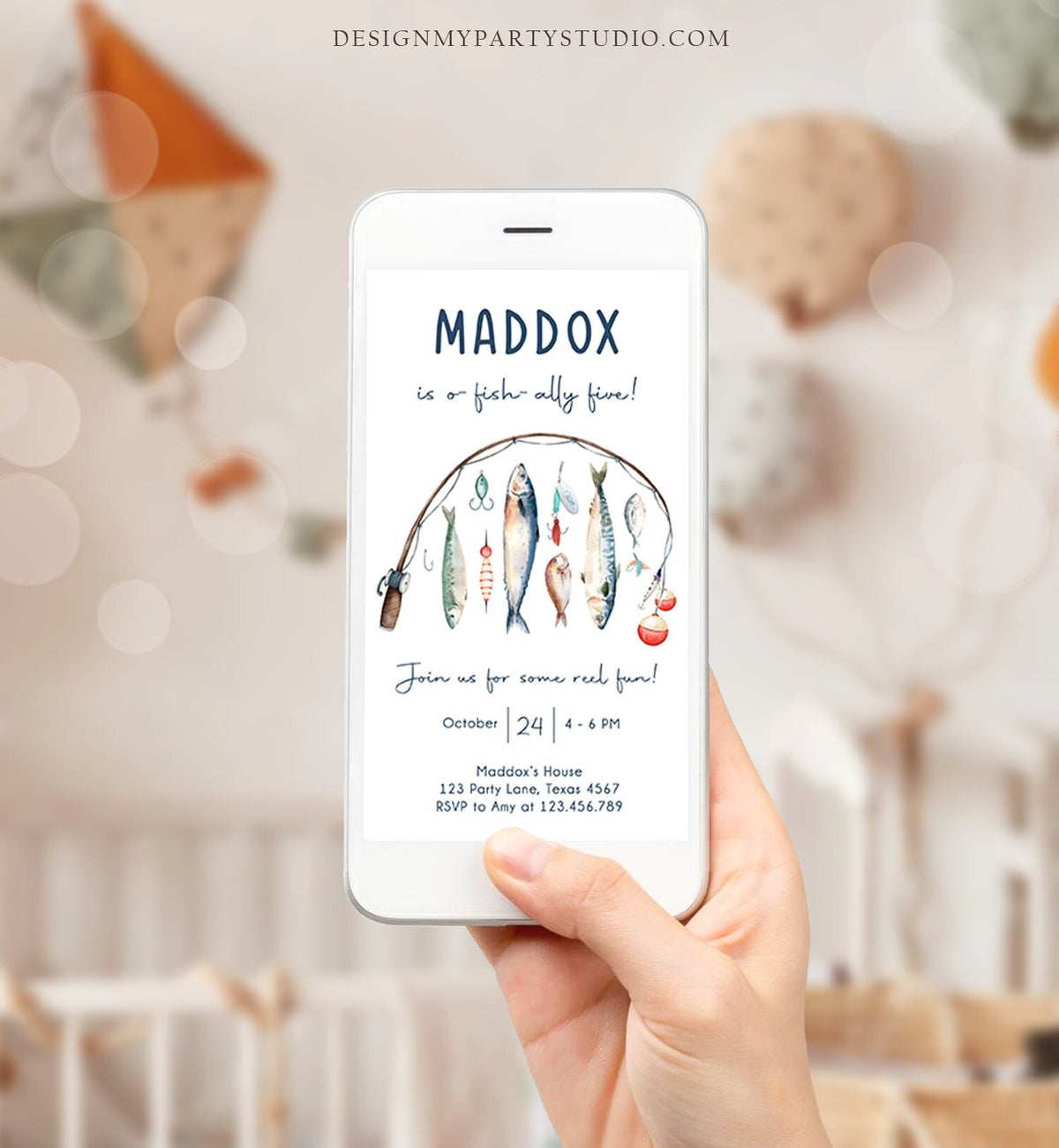 Editable Fishing Birthday Evite Fishing Party O-Fish-Ally The Big One Gone Fishing Blue Boy Download Electronic Phone Template Corjl 0454