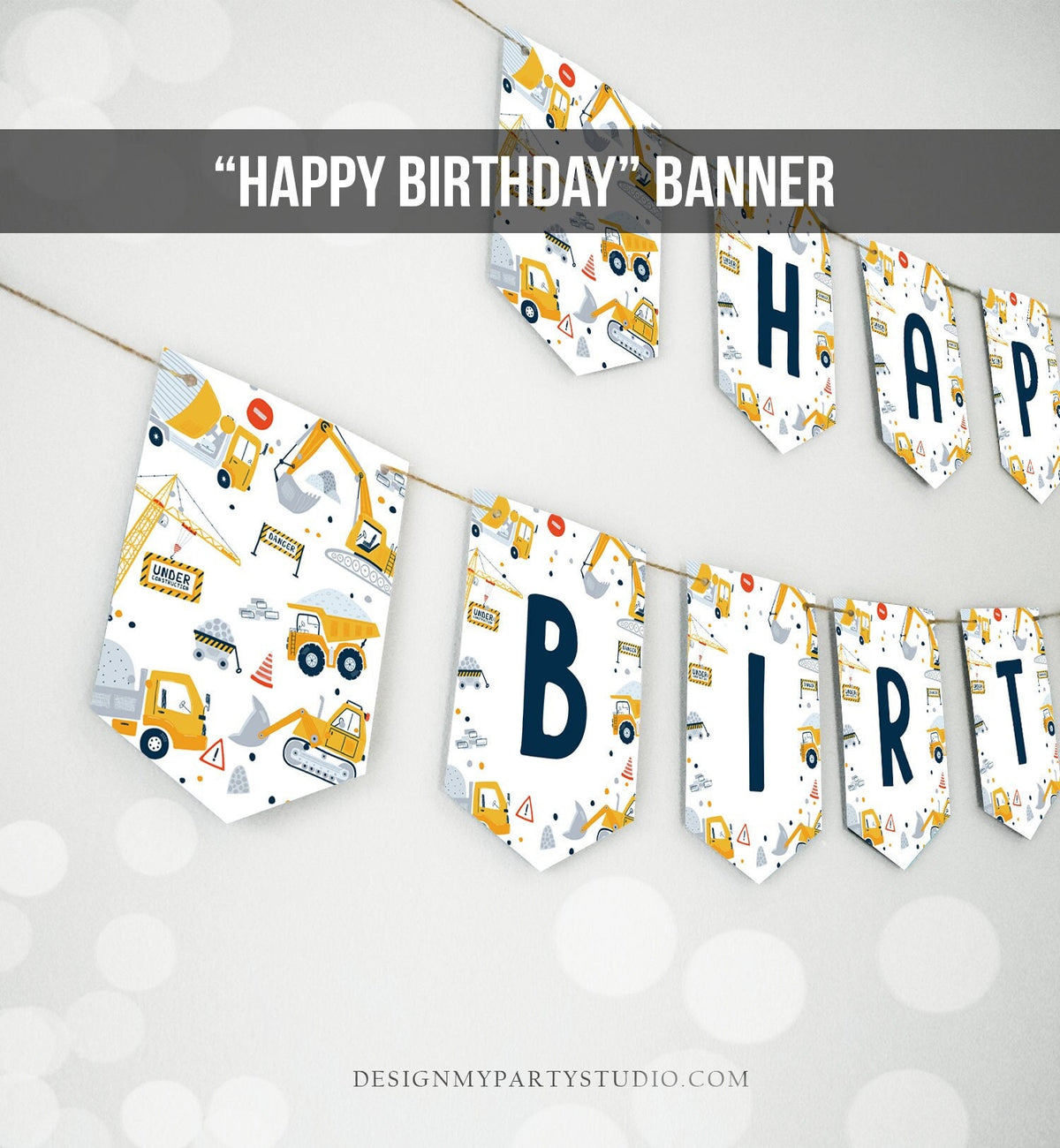 Happy Birthday Banner Construction Birthday Banner Boy Dump Truck Birthday Banner Decor Digger Instant download PRINTABLE DIGITAL DIY 0458