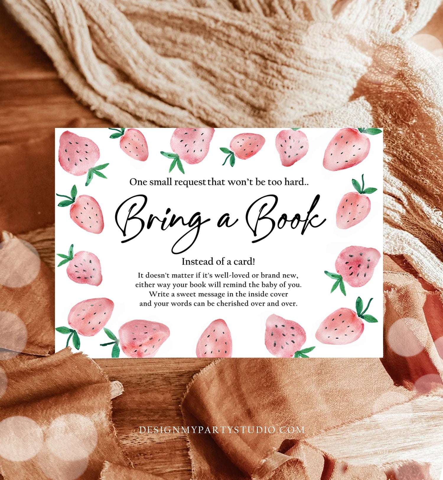 Editable Bring a Book Card Strawberry Berry Sweet Baby Shower Sprinkle Insert Books for Baby Book Request Digital Template Printable 0399