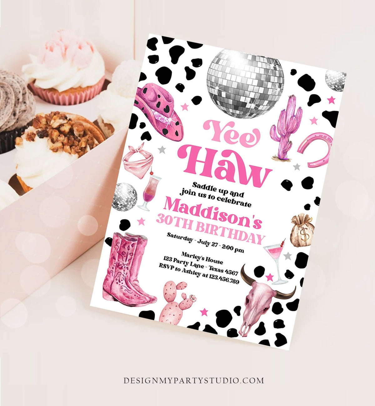 Editable Space Cowgirl Birthday Invitation Disco Cowgirl Invite Pink Girl Adult Birthday Wild West 30 Download Printable Template Corjl 0455