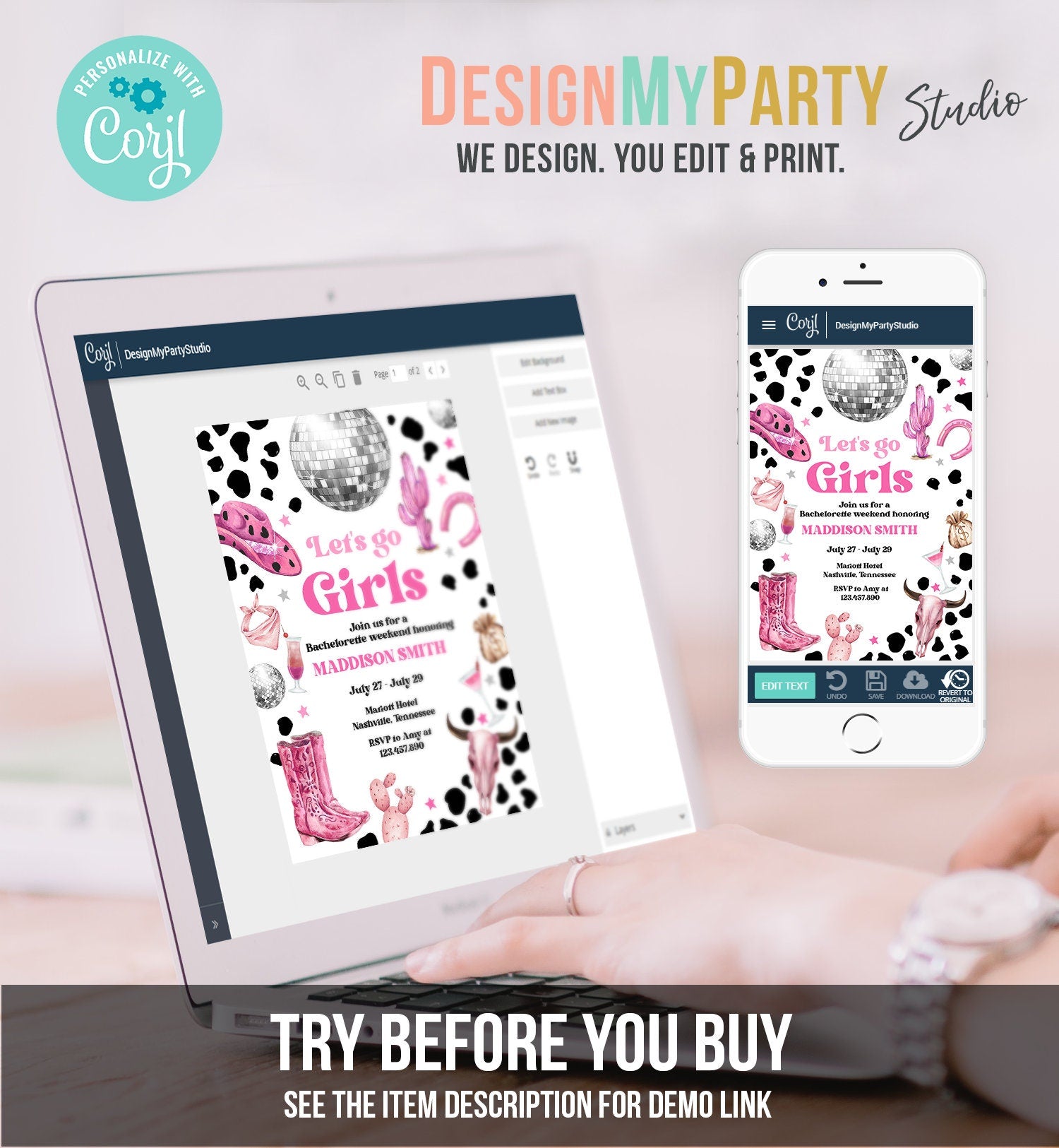 Editable Nashville Bachelorette Weekend Invitation Last Rodeo Invitation & Itinerary Let's Get Nashty Download Printable Template Corjl 0455