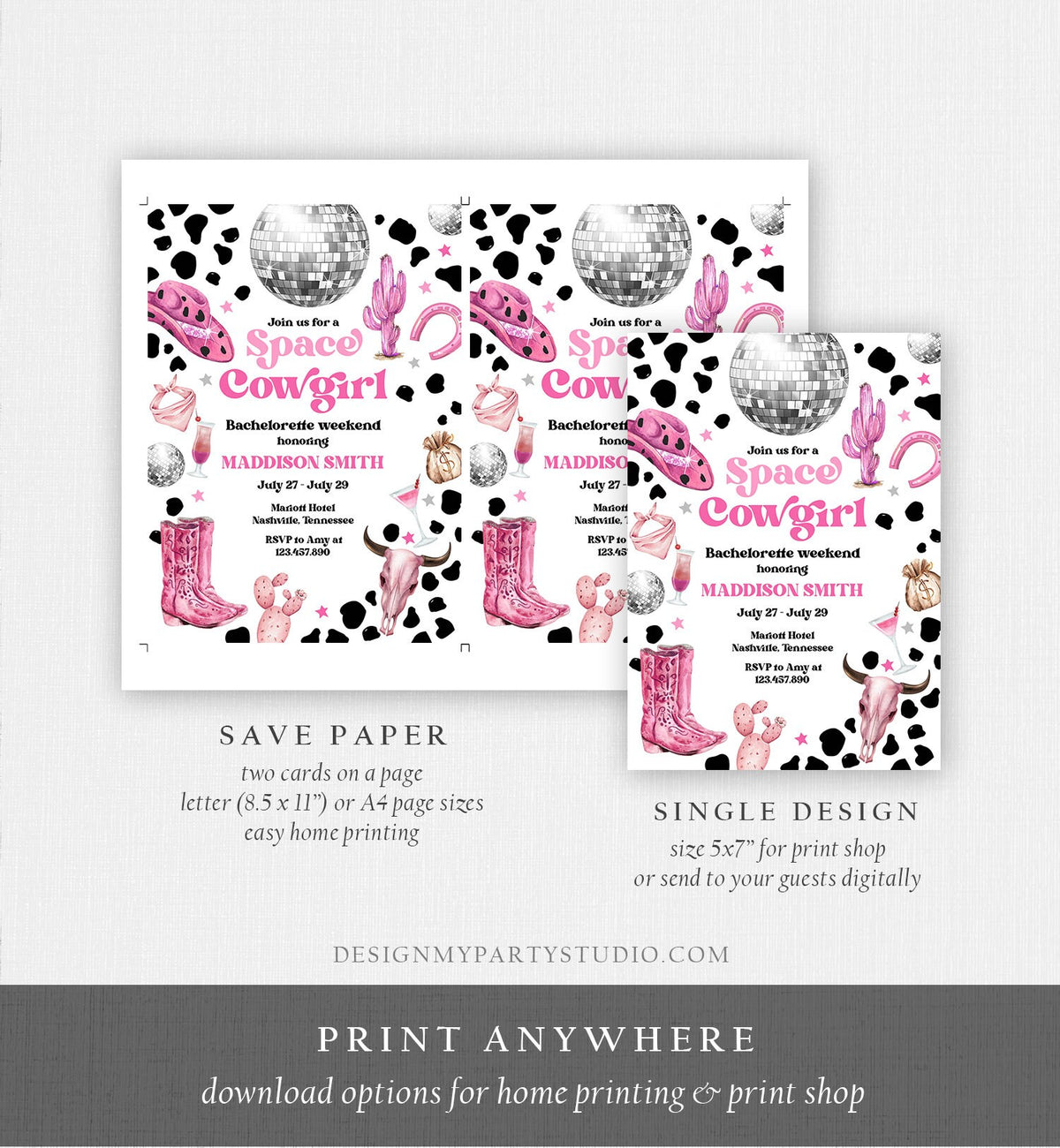 Editable Space Cowgirl Bachelorette Weekend Invitation &amp; Itinerary Last Rodeo Nashville Nash Bash Download Printable Template Corjl 0455