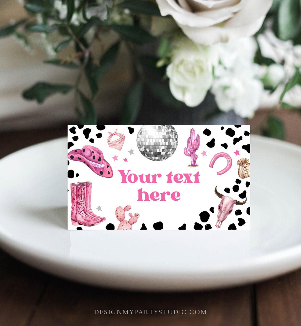 Editable Space Cowgirl Food Label Disco Cowgirl Birthday Food Cards Tent Card Girl Pink Nashville Rodeo Buffet Label Template Printable 0455