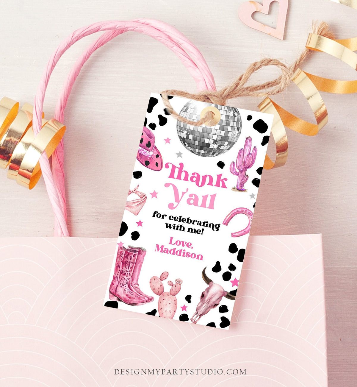 Editable Disco Cowgirl Birthday Favor Tag Nashville Party Gift Tag Pink Girl Rodeo Party Wild West Space Cowgirl Digital Corjl Template 0455