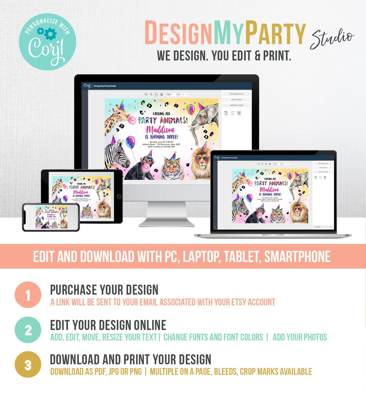 Editable Party Animals Birthday Invitation Rainbow Animals Invitation Zoo Safari Animals Girl Digital Download Evite Template Printable 0461