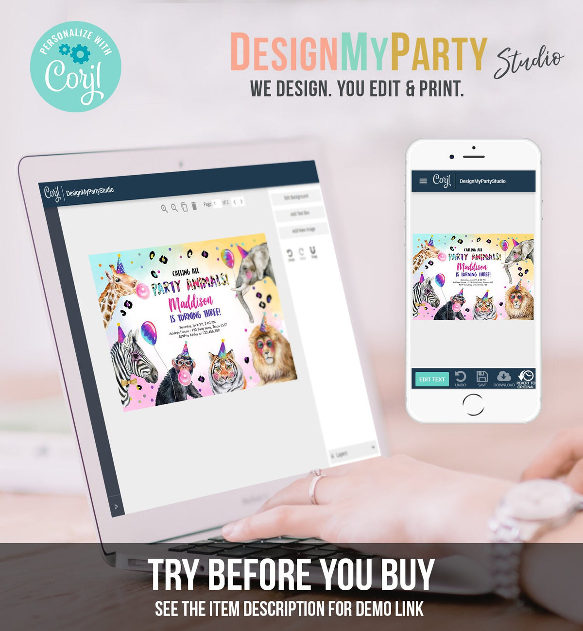 Editable Party Animals Birthday Invitation Rainbow Animals Invitation Zoo Safari Animals Girl Digital Download Evite Template Printable 0461