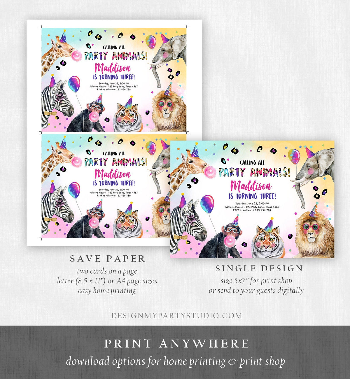 Editable Party Animals Birthday Invitation Rainbow Animals Invitation Zoo Safari Animals Girl Digital Download Evite Template Printable 0461