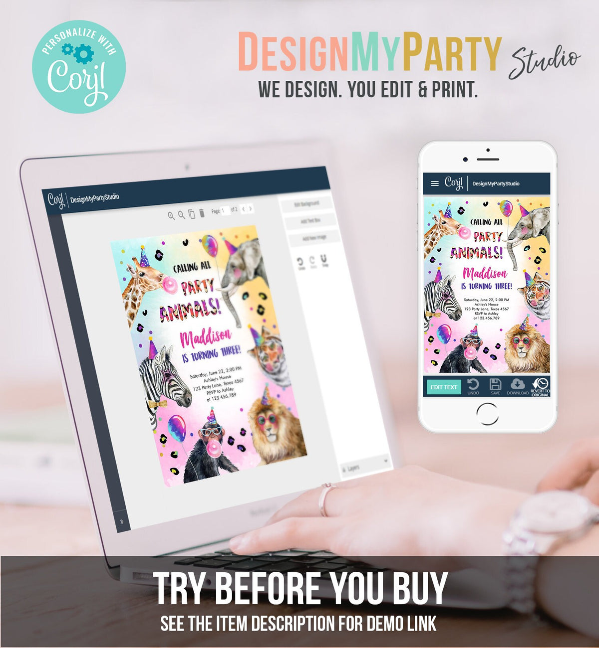 Editable Party Animals Birthday Invitation Rainbow Cheetah Animals Zoo Safari Animals Girl Download Printable Invite Template Corjl 0461