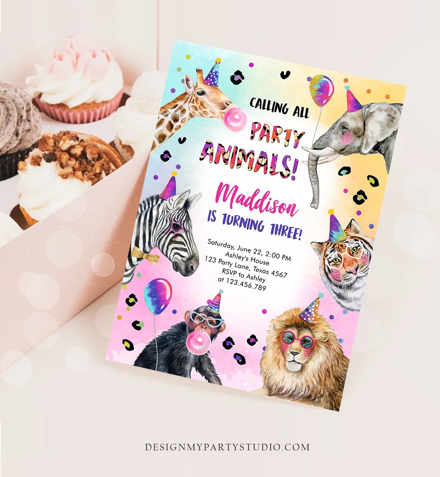 Editable Party Animals Birthday Invitation Rainbow Cheetah Animals Zoo Safari Animals Girl Download Printable Invite Template Corjl 0461