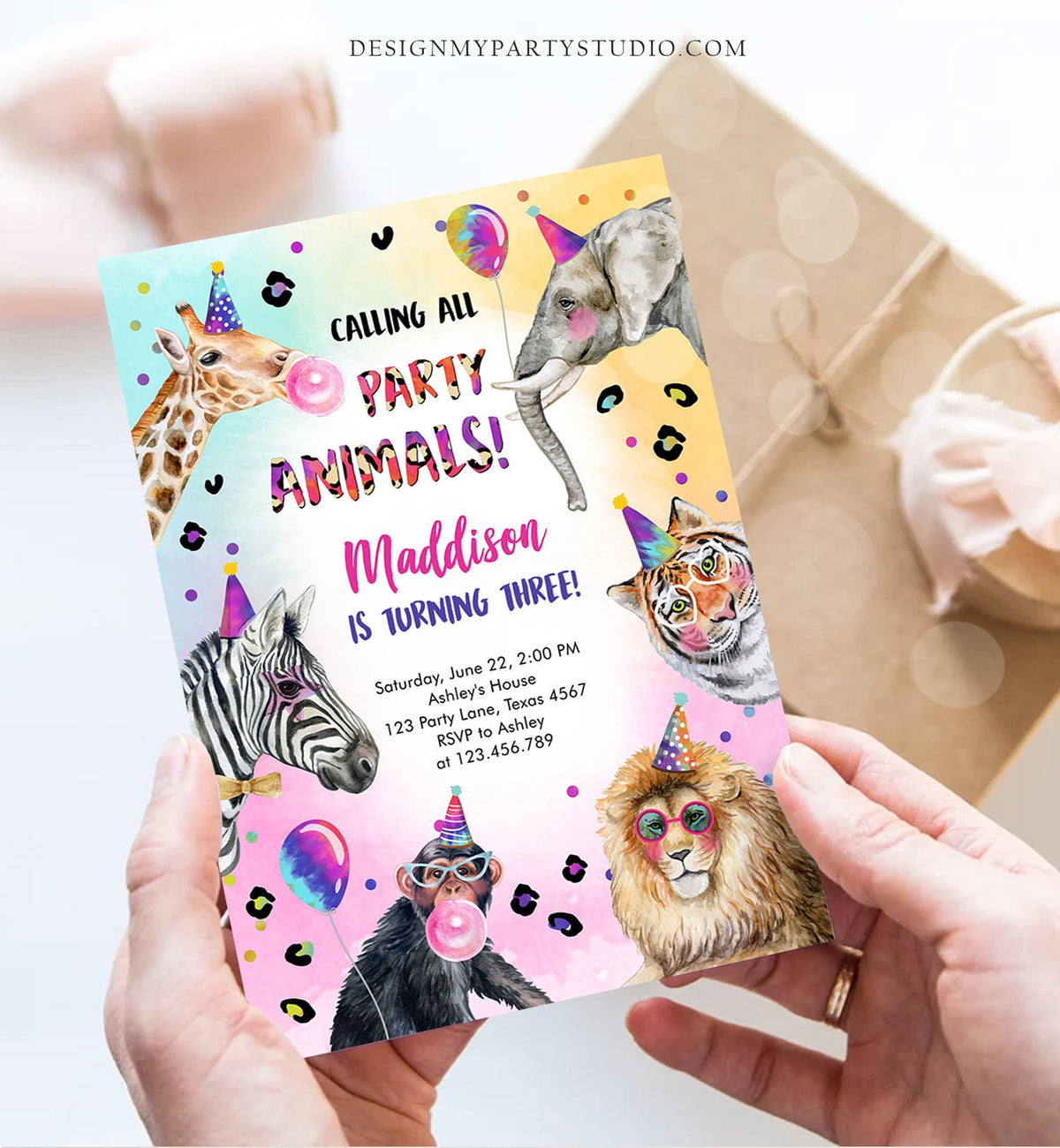 Editable Party Animals Birthday Invitation Rainbow Cheetah Animals Zoo Safari Animals Girl Download Printable Invite Template Corjl 0461
