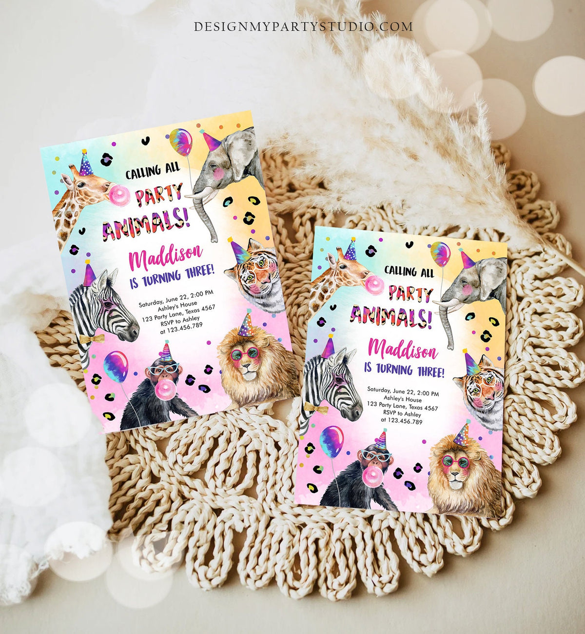 Editable Party Animals Birthday Invitation Rainbow Cheetah Animals Zoo Safari Animals Girl Download Printable Invite Template Corjl 0461