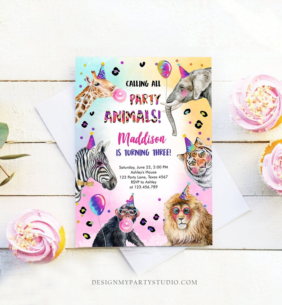Editable Party Animals Birthday Invitation Rainbow Cheetah Animals Zoo Safari Animals Girl Download Printable Invite Template Corjl 0461