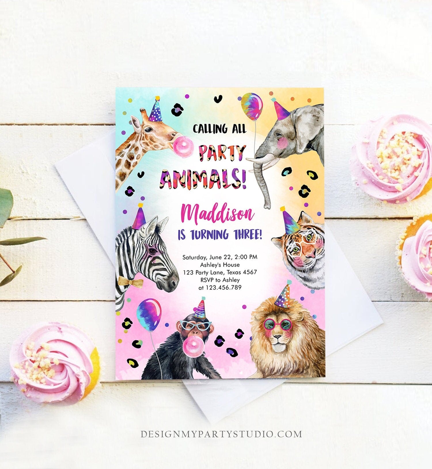 Editable Party Animals Birthday Invitation Rainbow Cheetah Animals Zoo Safari Animals Girl Download Printable Invite Template Corjl 0461