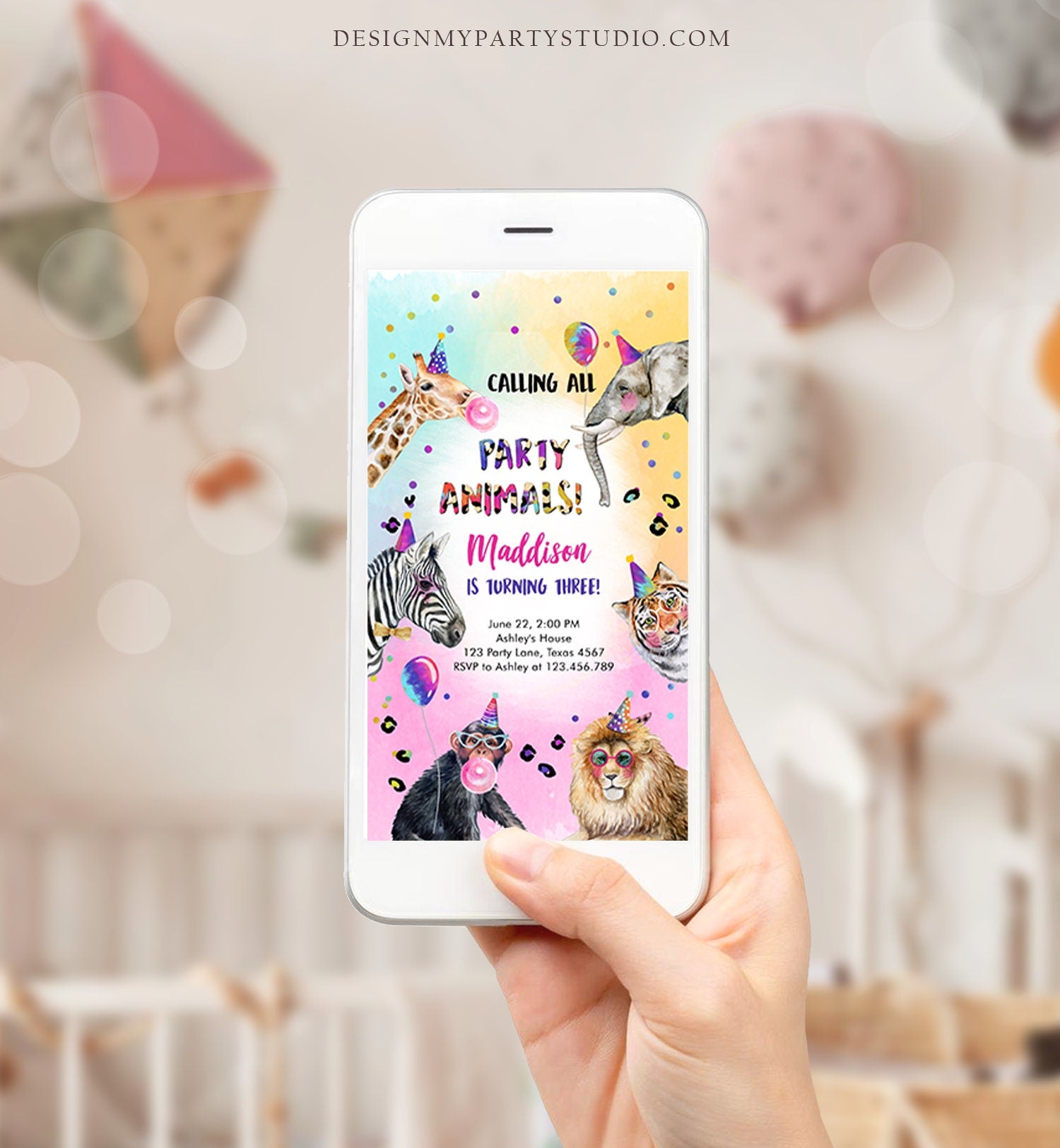 Editable Party Animals Birthday Evite Wild One Animals Invitation Zoo Safari Animals Girl Digital Download Evite Template 0461