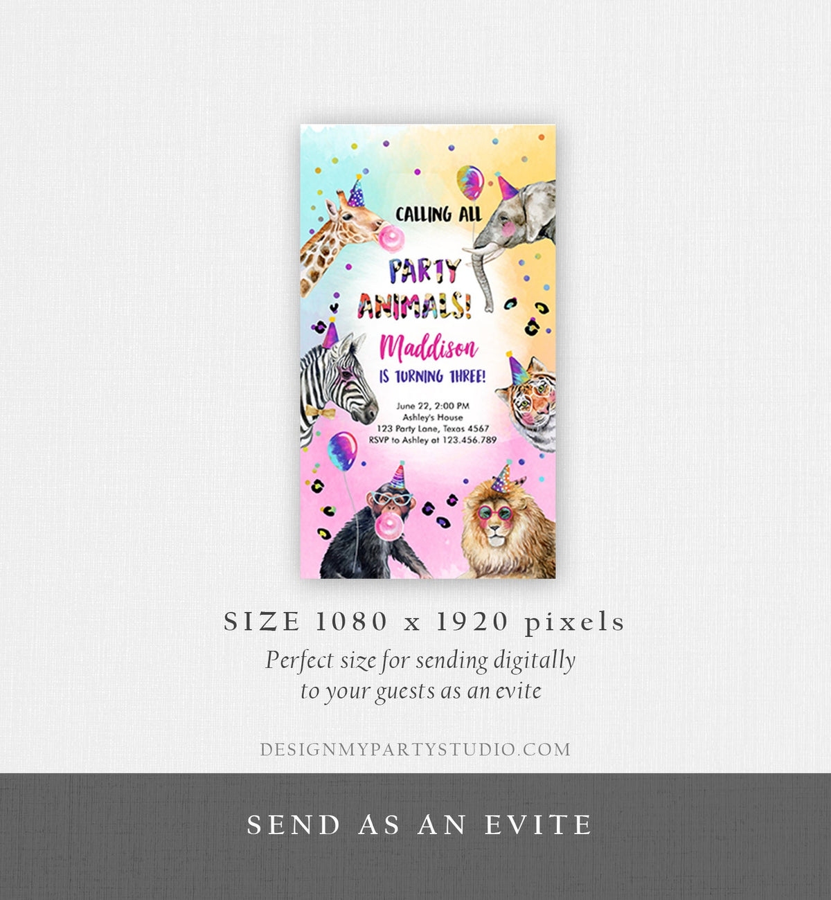 Editable Party Animals Birthday Evite Wild One Animals Invitation Zoo Safari Animals Girl Digital Download Evite Template 0461