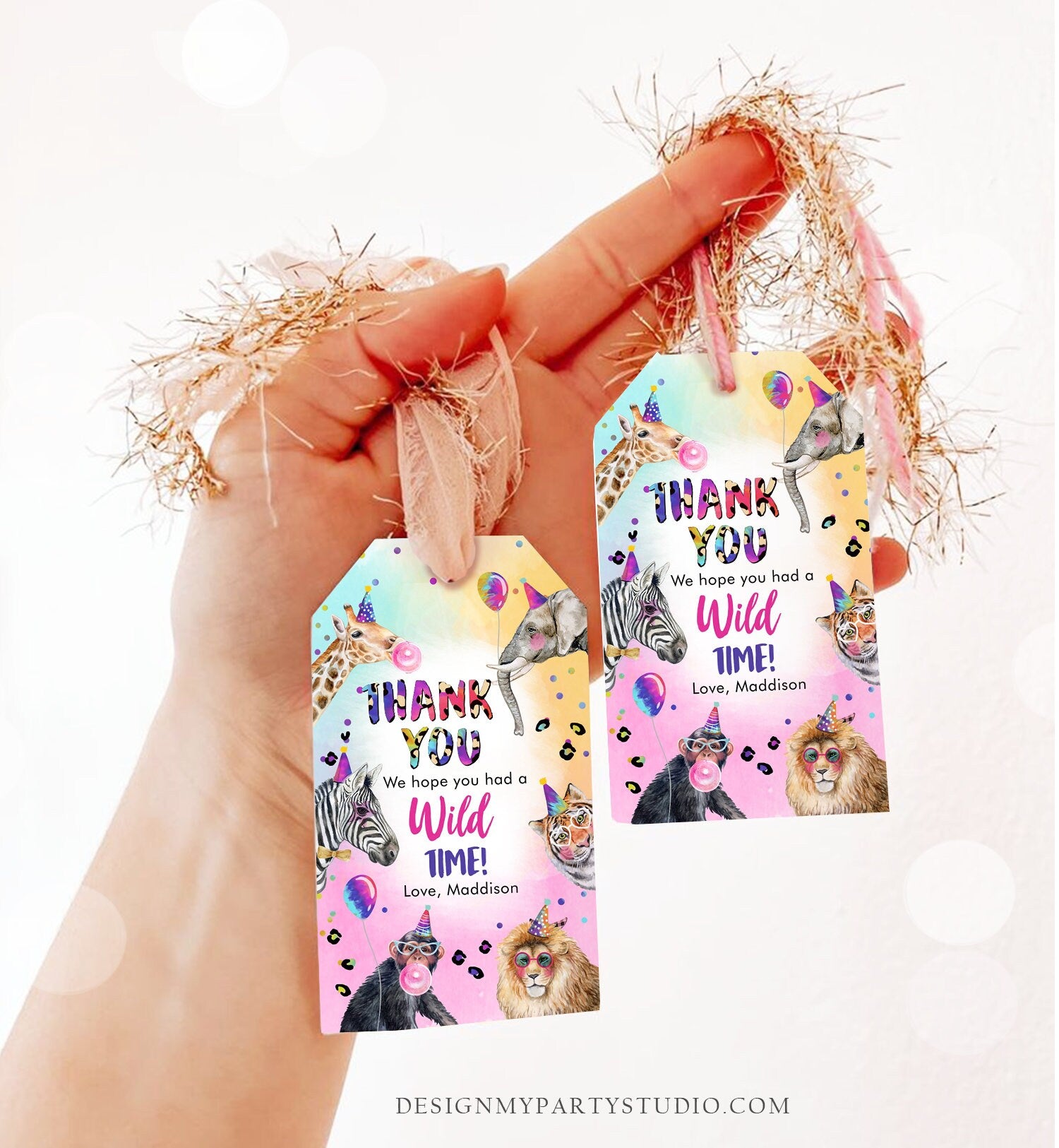Editable Party Animals Favor Tags Wild One Animals Thank You Tags Safari Zoo Girl Birthday Wild Time Gift Digital Template Printable 0461