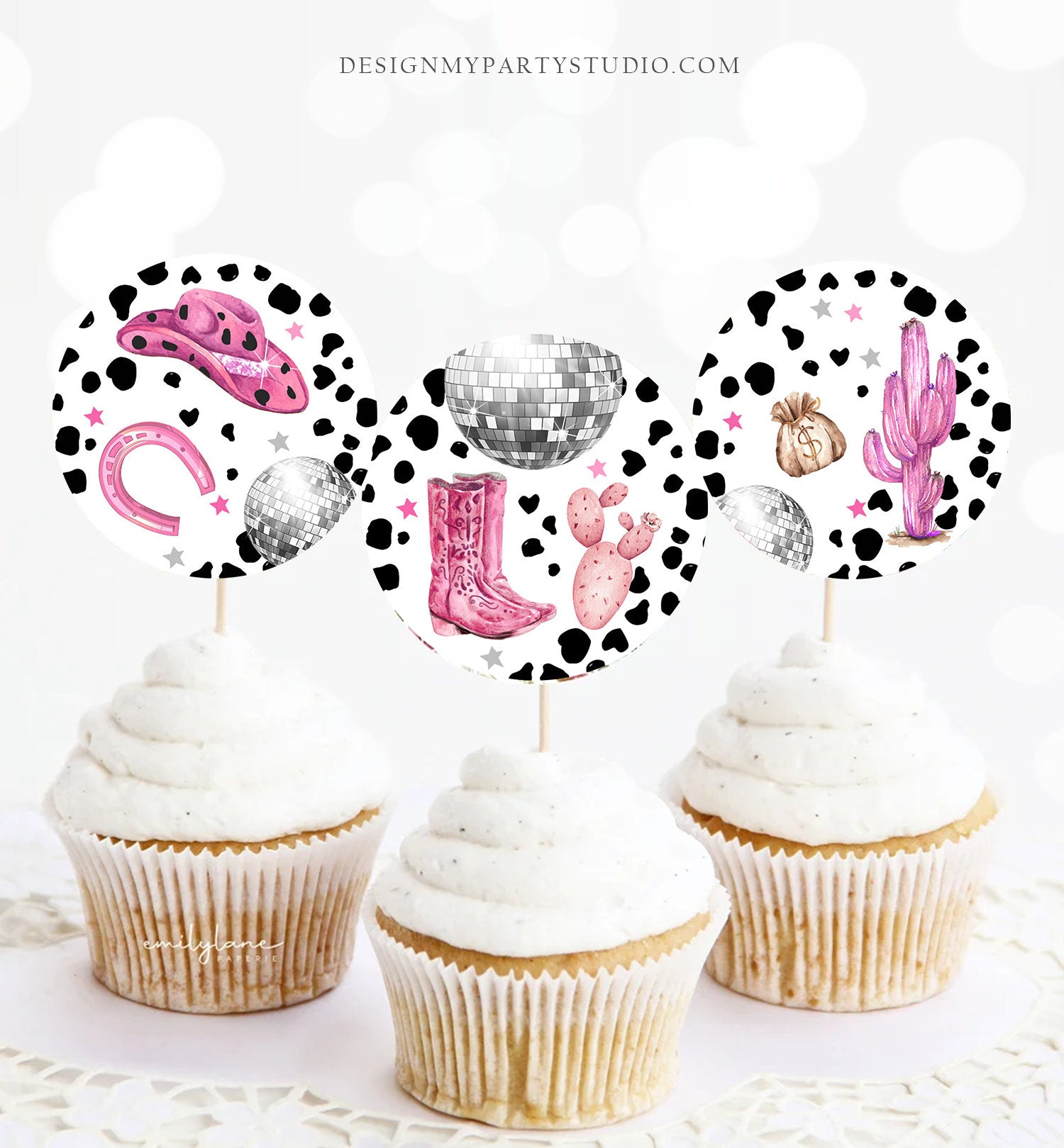 Space Cowgirl Cupcake Toppers Disco Cowgirl Birthday Cupcake Toppers Favor Tag Girl Nashville Rodeo Party Download Digital PRINTABLE 0455