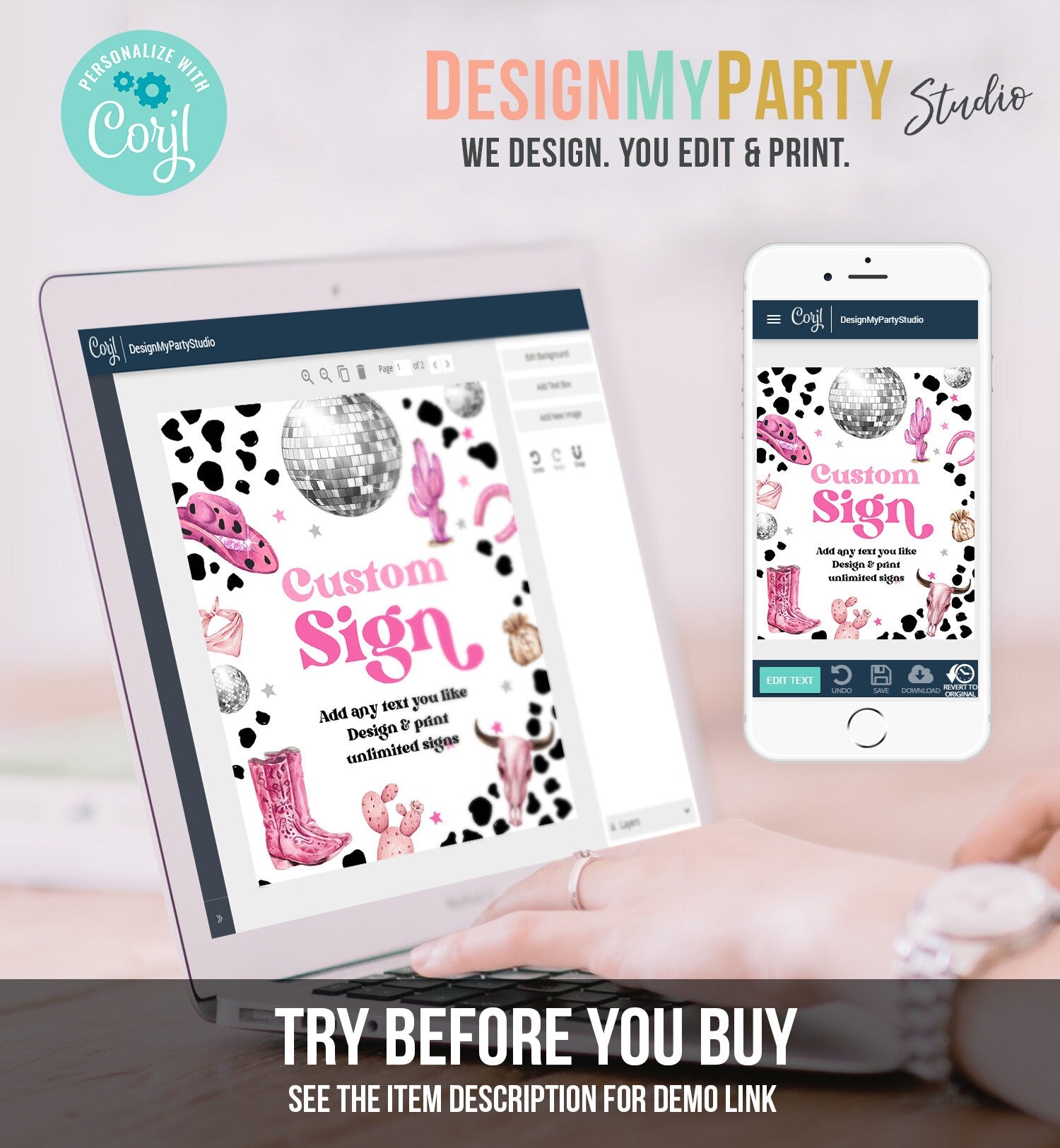 Editable Custom Sign Space Cowgirl Party Sign Disco Cowgirl Birthday Nashville Bash Rodeo Bridal Digital Download Template Printable 0455