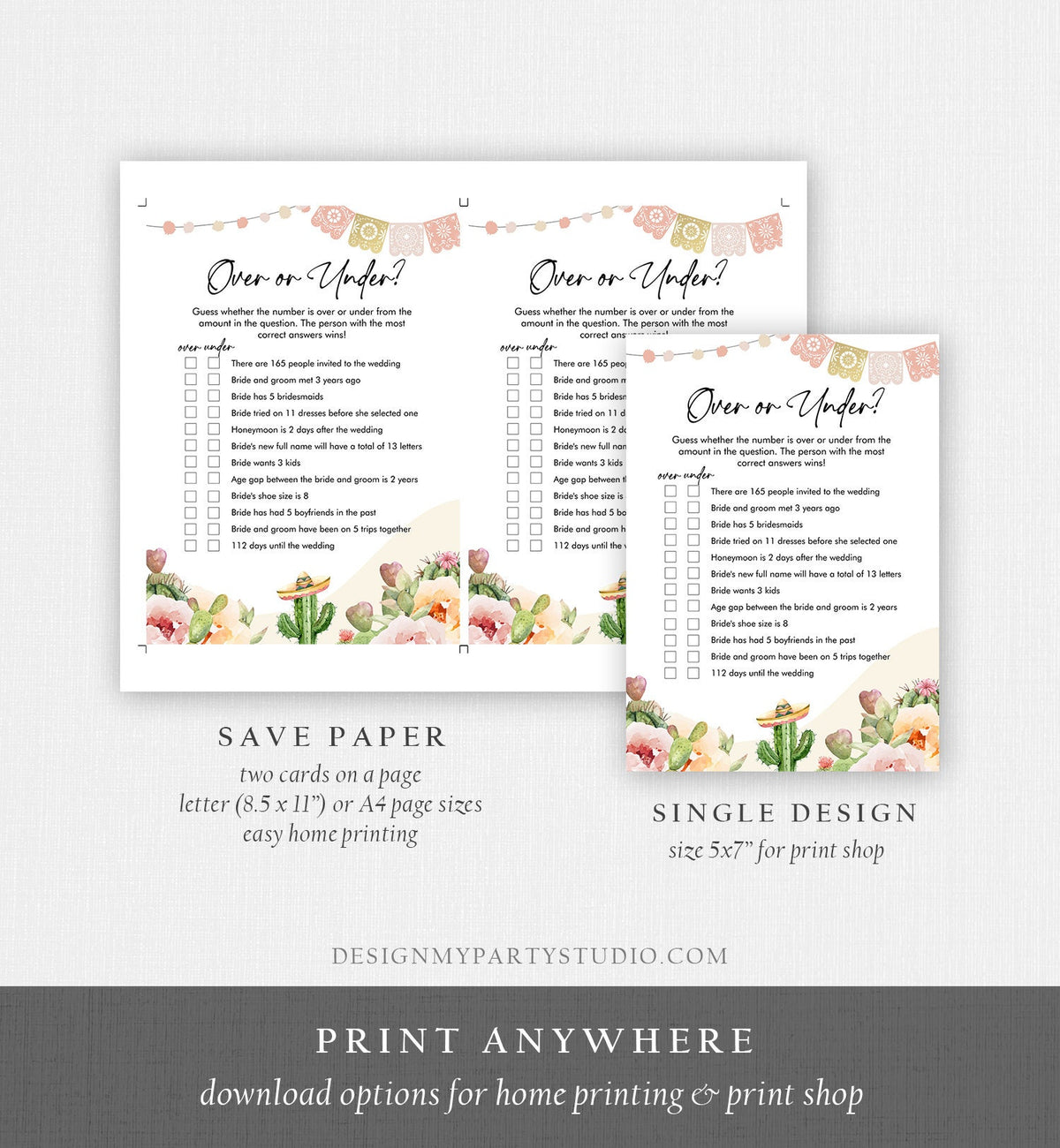 Editable Over or Under Bridal Shower Game Cactus Fiesta Mexican Coed Shower Games Succulent Wedding Activity Digital Template Printable 0419