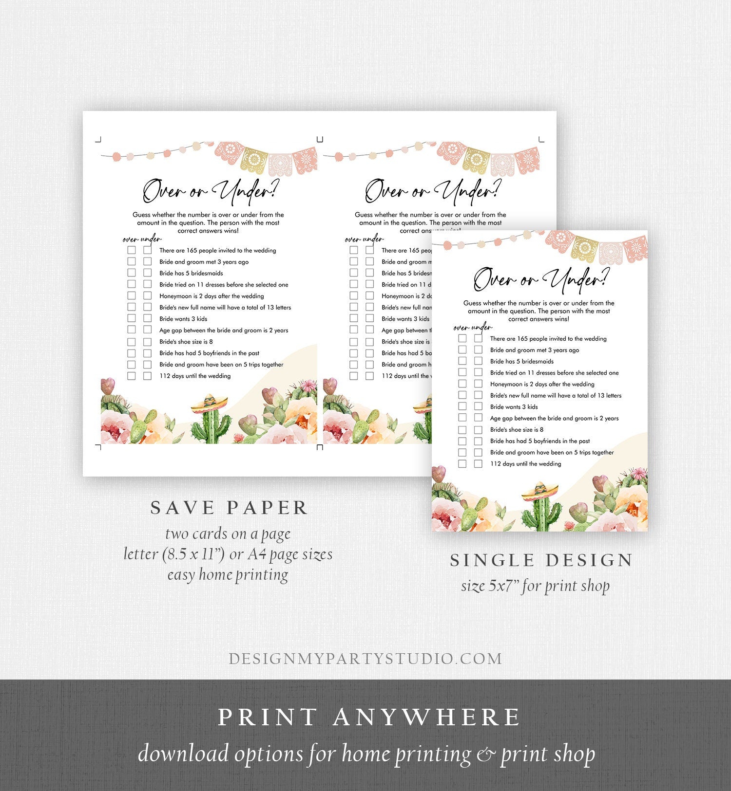 Editable Over or Under Bridal Shower Game Cactus Fiesta Mexican Coed Shower Games Succulent Wedding Activity Digital Template Printable 0419