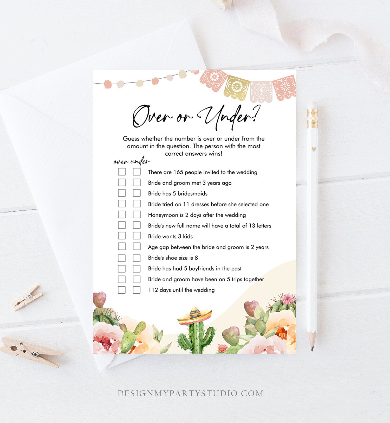 Editable Over or Under Bridal Shower Game Cactus Fiesta Mexican Coed Shower Games Succulent Wedding Activity Corjl Template Printable 0419