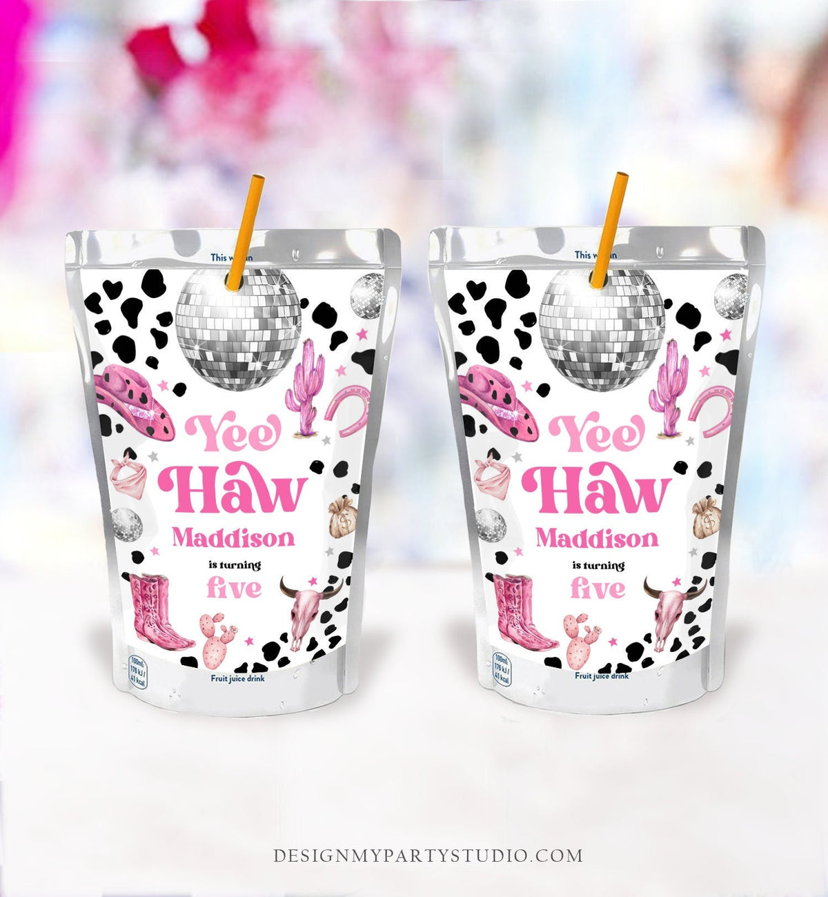 Editable Space Cowgirl Juice Pouch Label Juice Favors Disco Cowgirl Birthday Rodeo Party Girl Digital Download Template Printable 0455