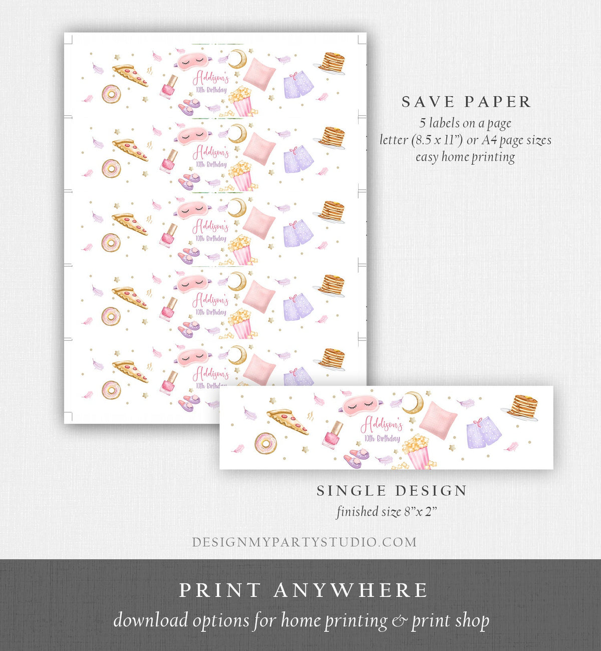Editable Sleepover Birthday Party Water Bottle Labels Slumber Party Decor Girl Pink Pizza Popcorn Download Printable Digital Template 0447