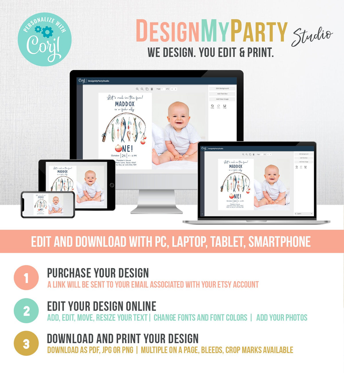 Editable Fishing Birthday Invitation Fishing Party O-Fish-Ally The Big One Gone Fishing Blue Boy Digital Download Template Printable 0454