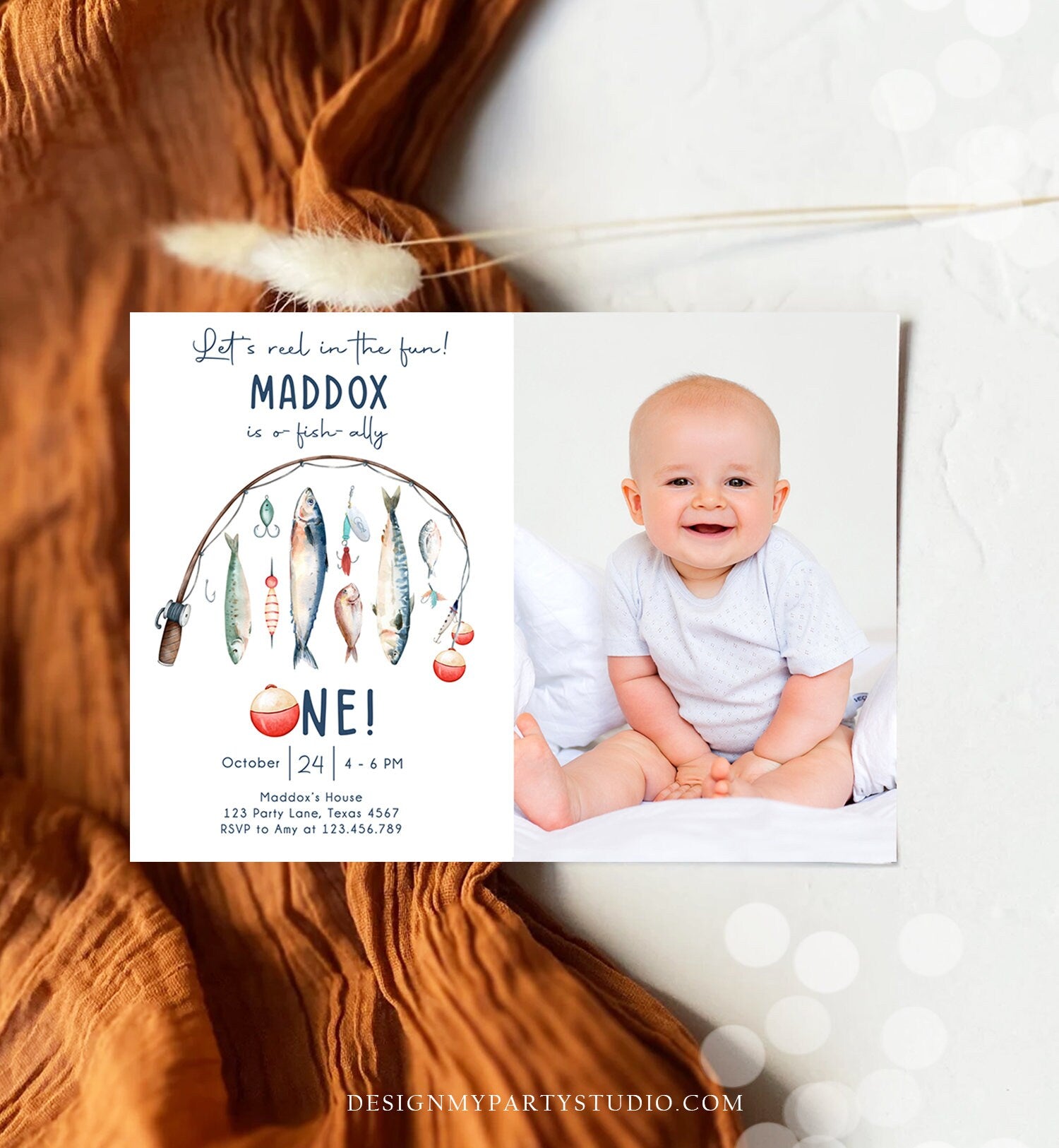 Editable Fishing Birthday Invitation Fishing Party O-Fish-Ally The Big One Gone Fishing Blue Boy Digital Download Template Printable 0454