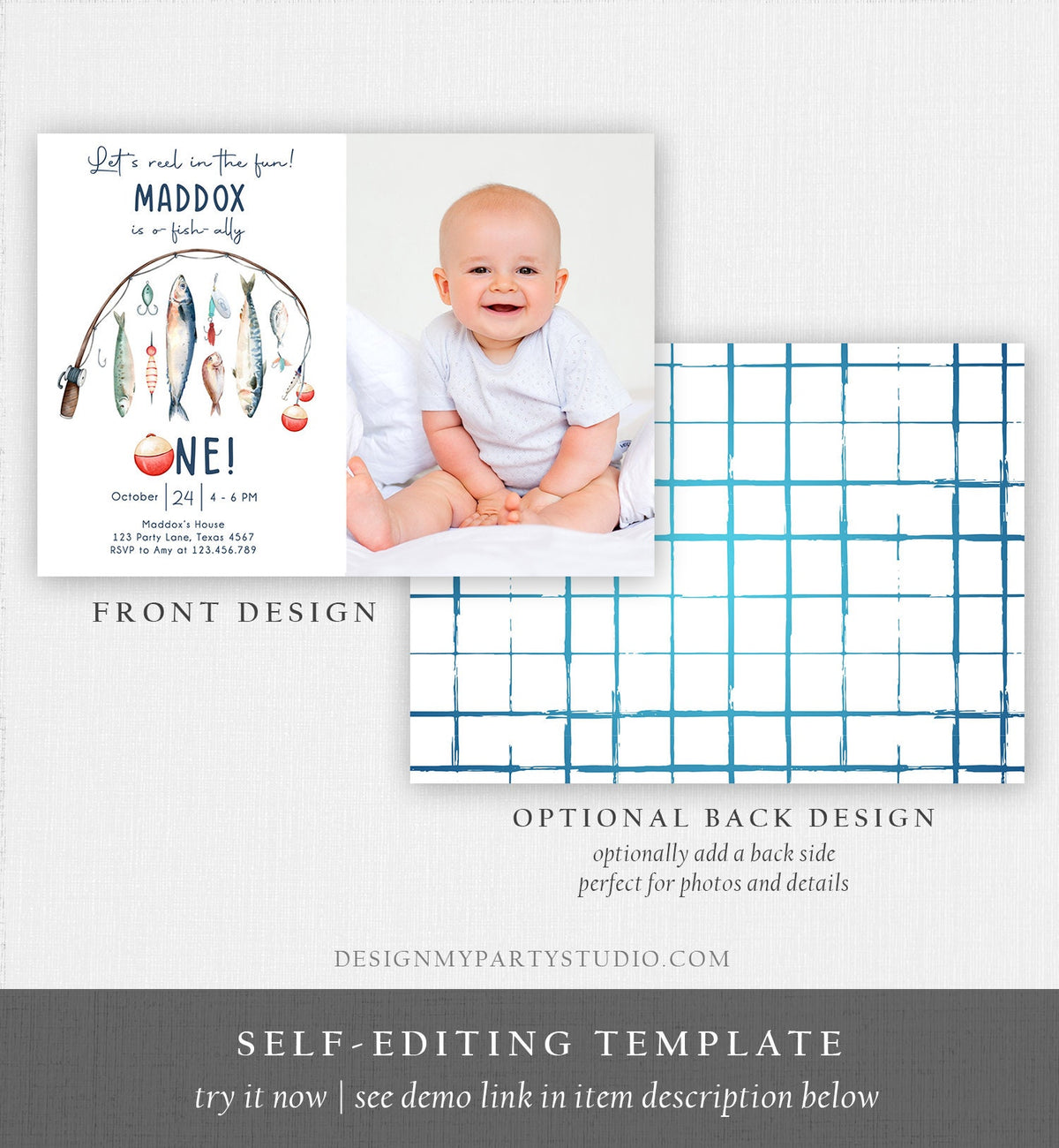 Editable Fishing Birthday Invitation Fishing Party O-Fish-Ally The Big One Gone Fishing Blue Boy Digital Download Template Printable 0454