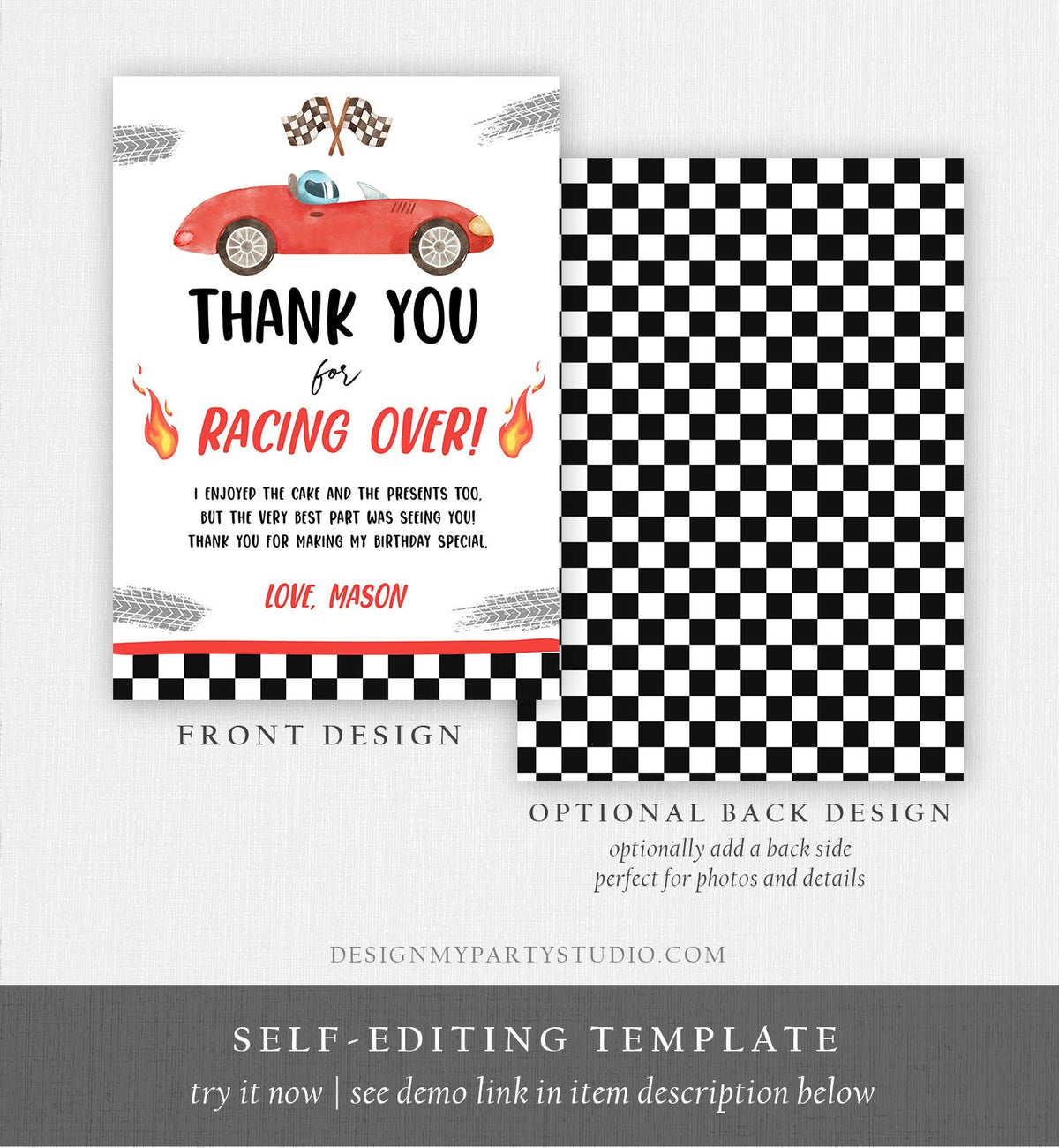 Editable Race Car Thank You Card Two Fast Birthday Boy Red Racing Car Thank You Card Birthday Fast One Download Template Printable 0424