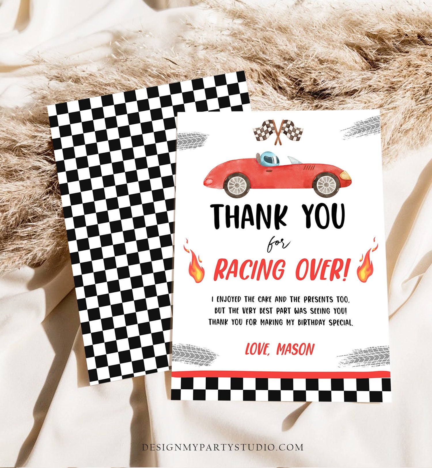 Editable Race Car Thank You Card Two Fast Birthday Boy Red Racing Car Thank You Card Birthday Fast One Template Instant Download Corjl 0424
