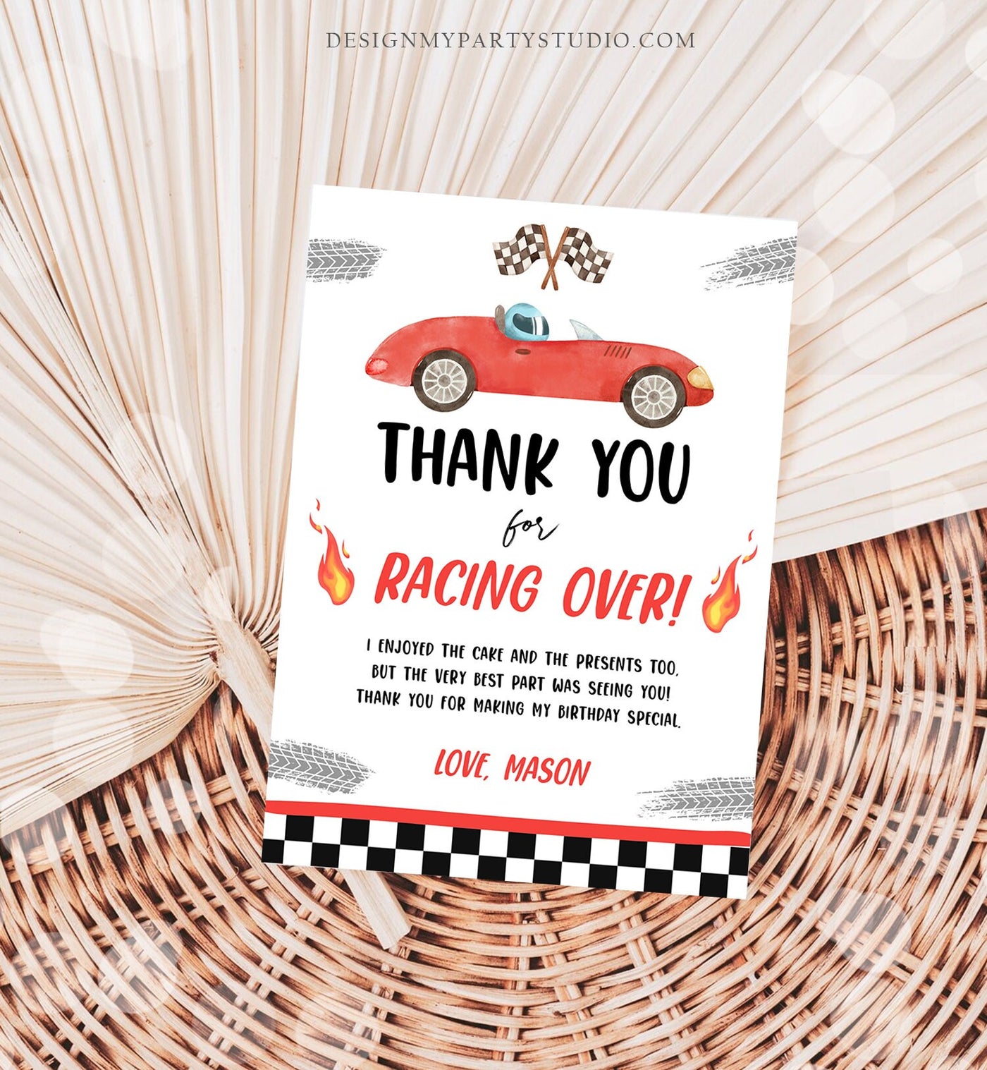 Editable Race Car Thank You Card Two Fast Birthday Boy Red Racing Car ...