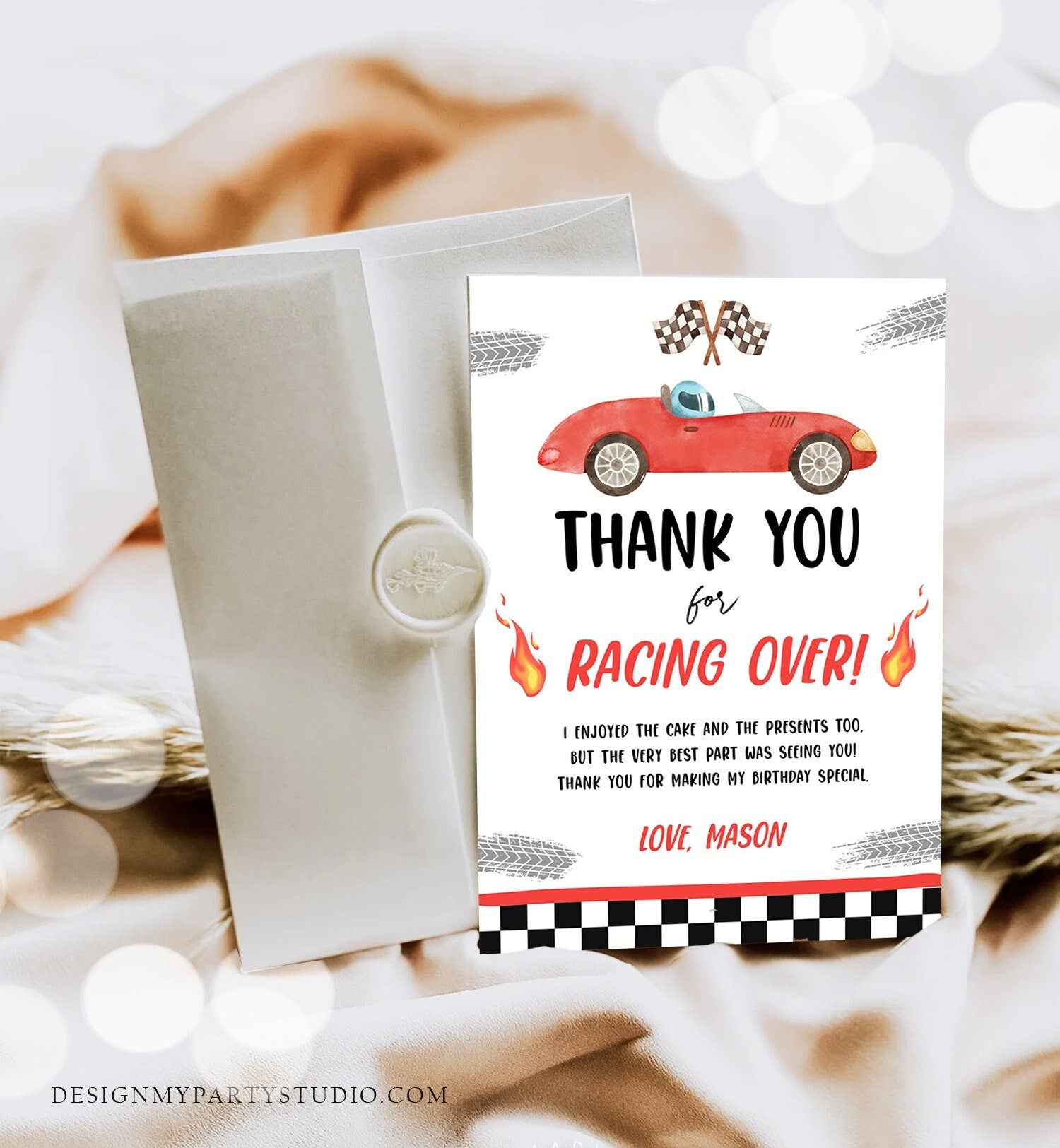 Thank You Racers Editable Race Car Thank You Card Two Fast Birthday Boy Red Racing Car ...