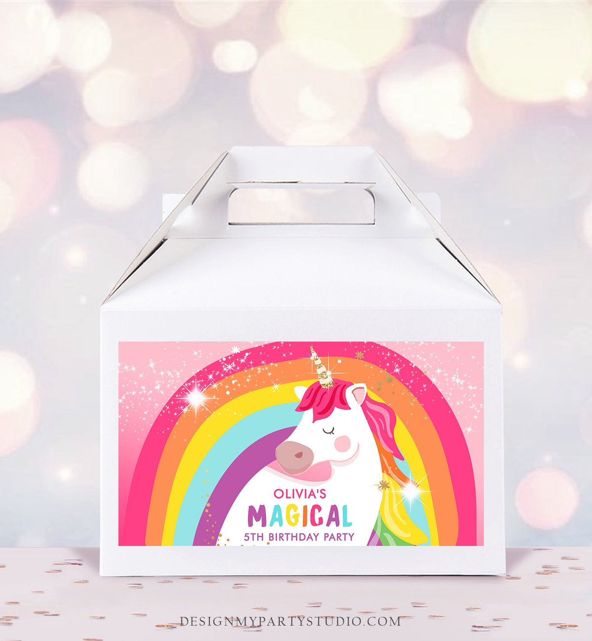 Editable Unicorn Birthday Party Gable Box Favor Label Magical Unicorn Gift Box Girl Pink Rainbow Digital Download Template Printable 0323