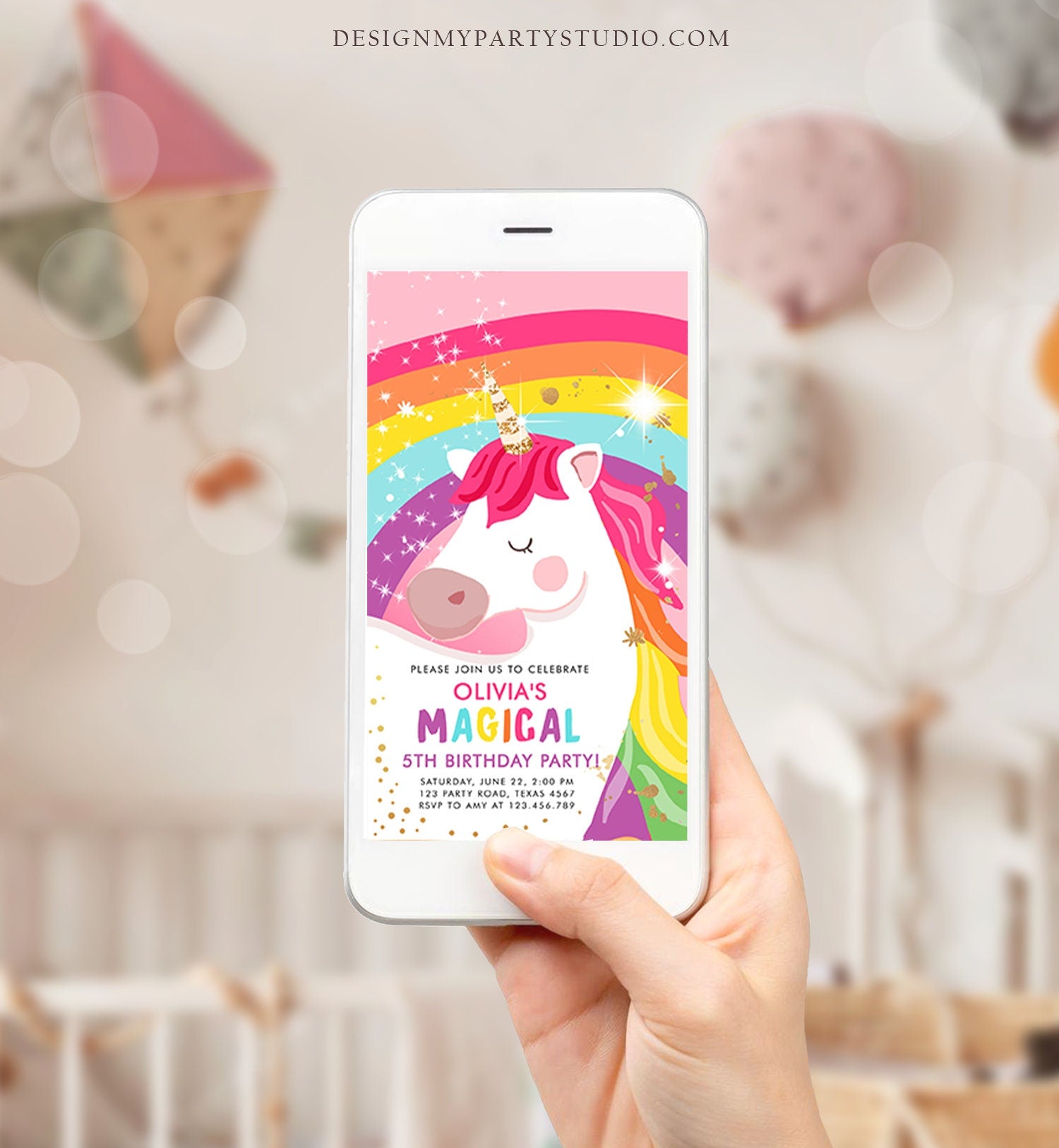 Editable Unicorn Birthday Evite Magical Unicorn Party Girl Pink Gold Unicorn Invitation Rainbow Phone Digital Evite Template Printable 0323