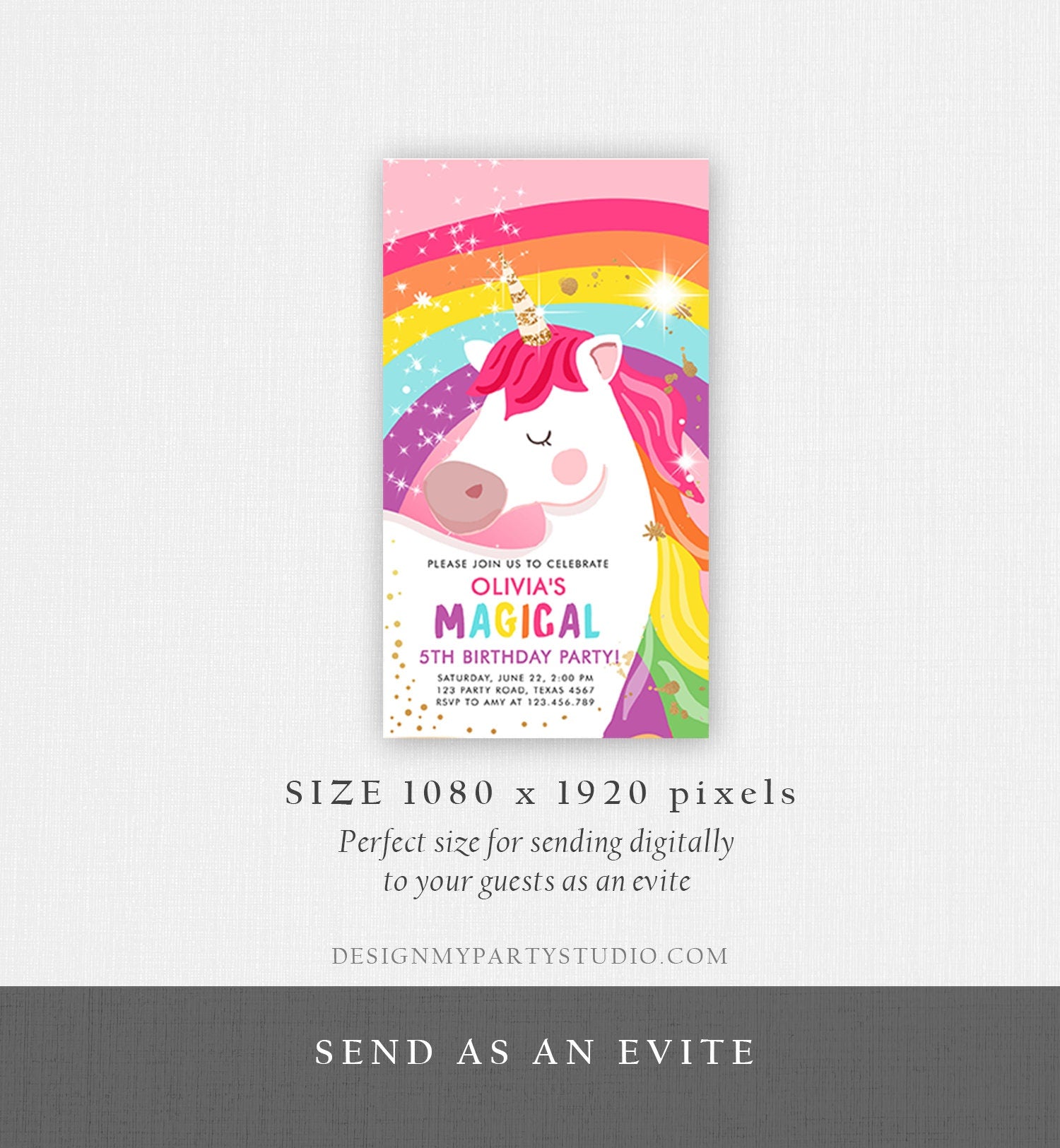 Editable Unicorn Birthday Evite Magical Unicorn Party Girl Pink Gold Unicorn Invitation Rainbow Phone Digital Evite Template Printable 0323
